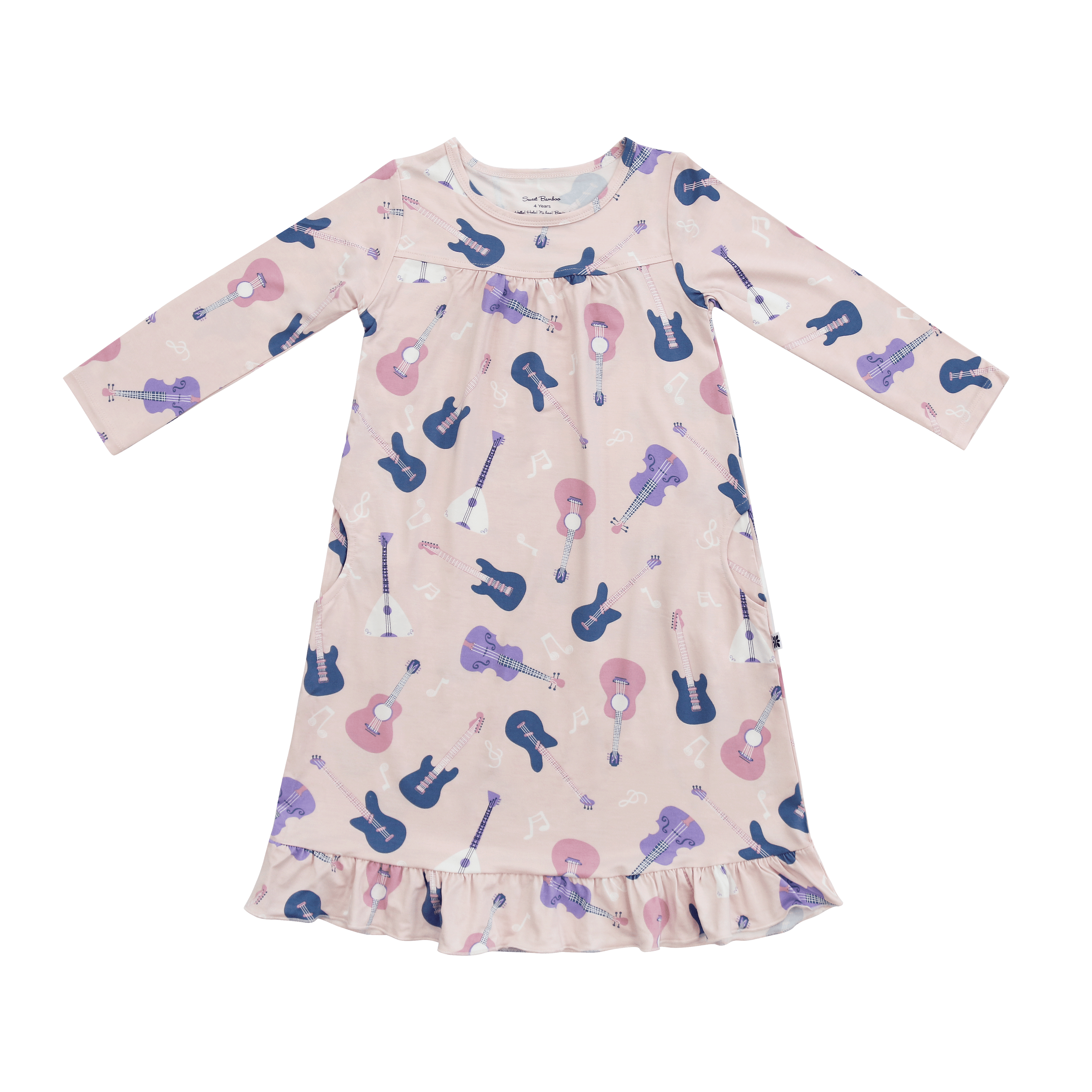 Girls boho dress in light pink with long sleeves and guitar print