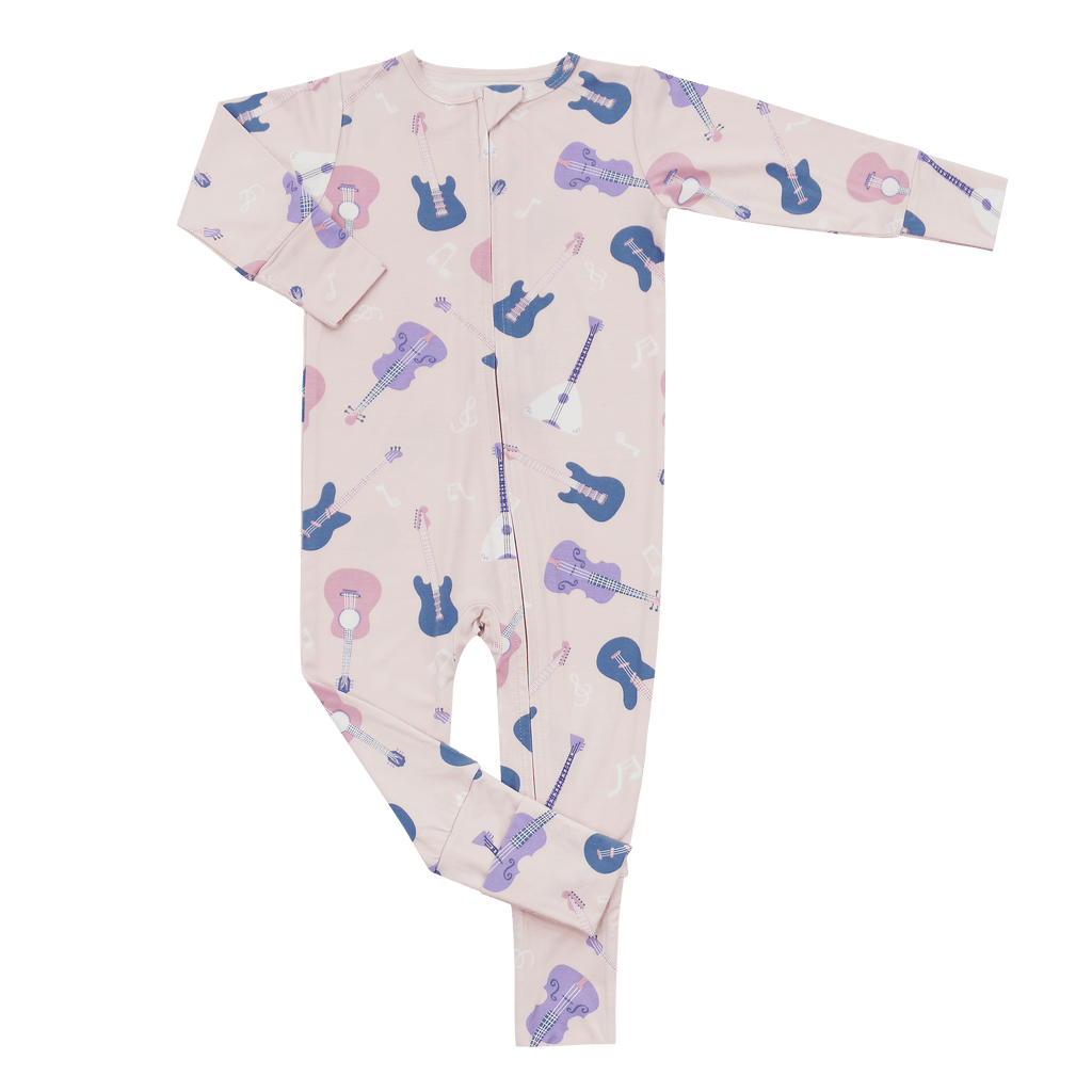 Convertible romper with long sleeves and button-front, light pink guitar pattern
