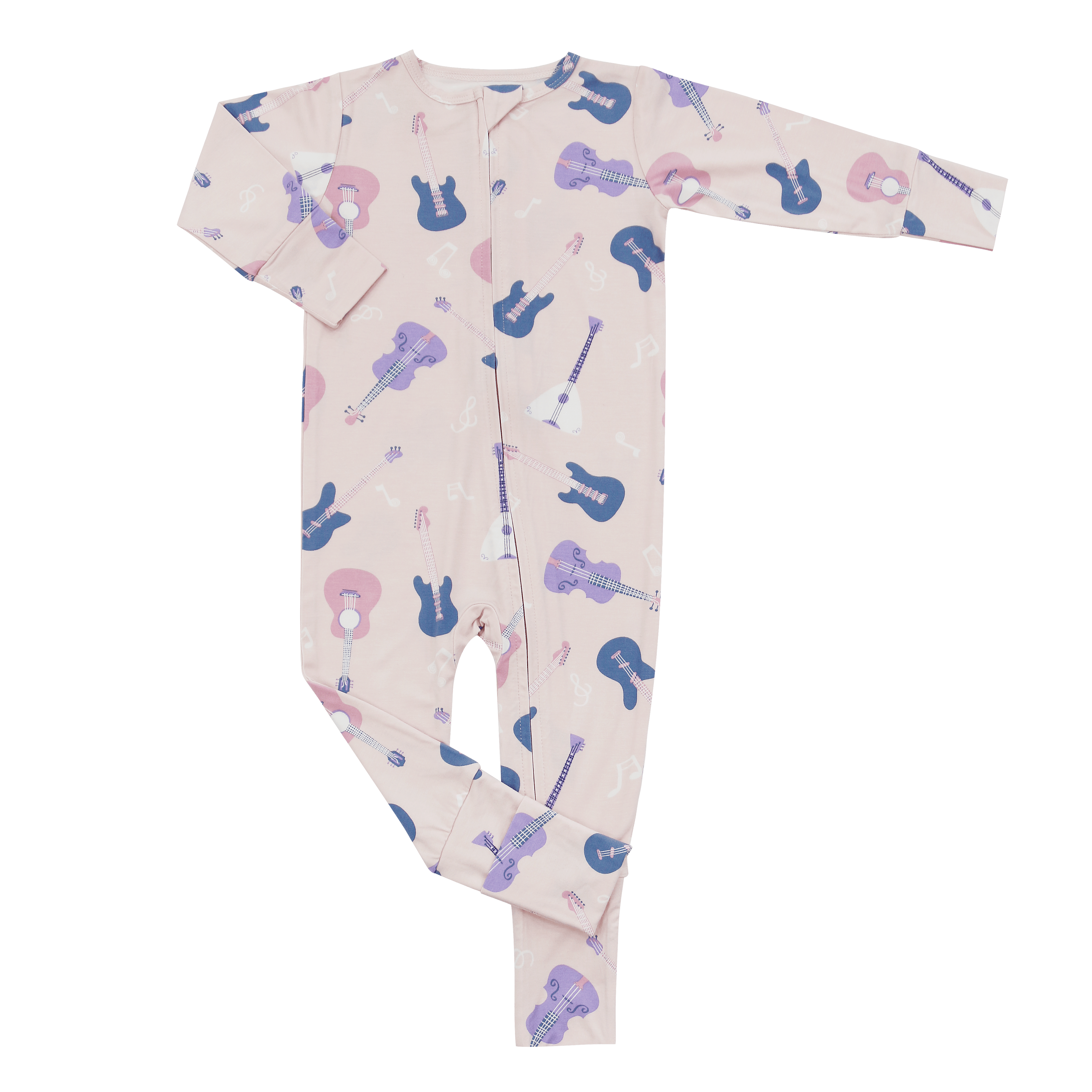 Convertible romper with long sleeves and button-front, light pink guitar pattern