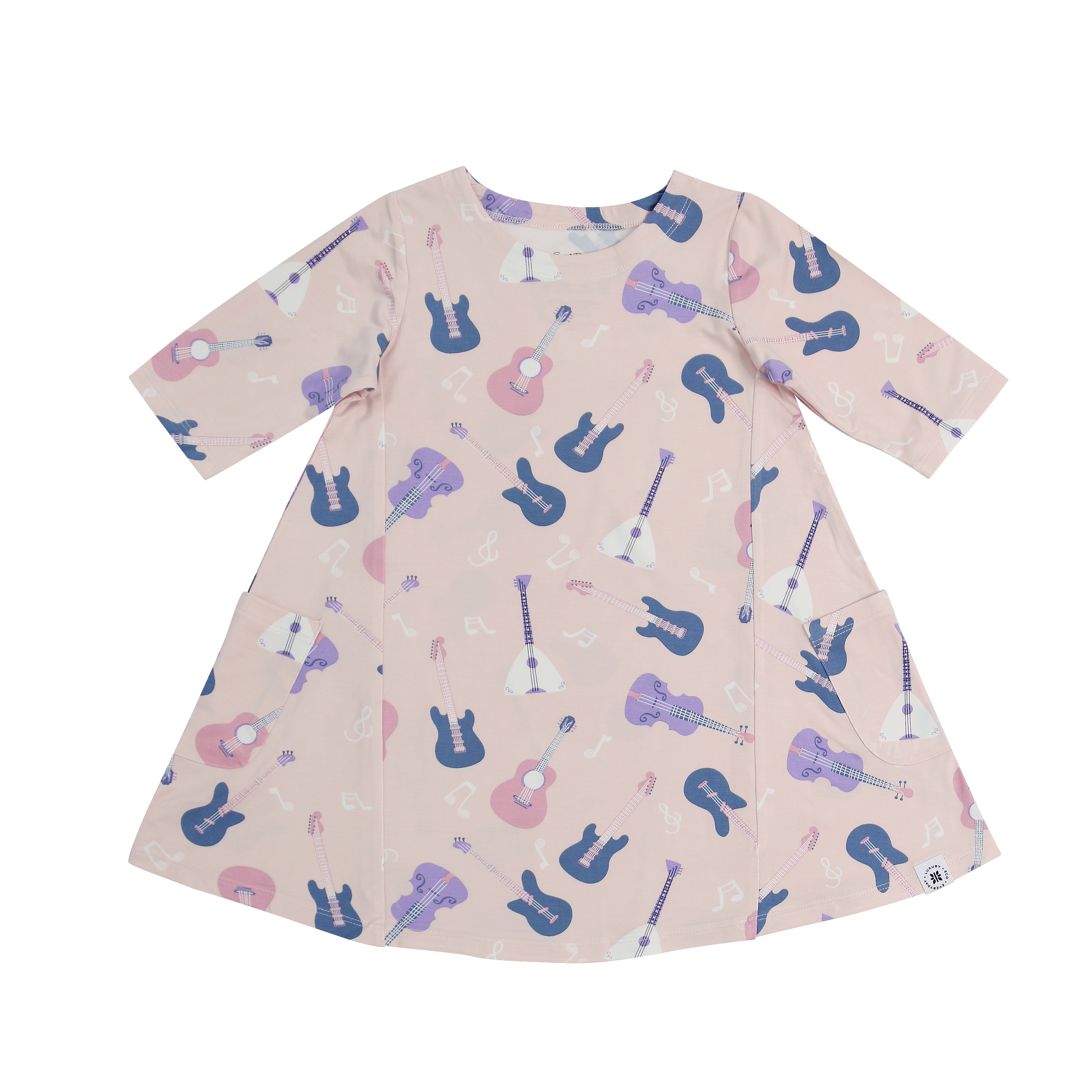 Guitar-print short-sleeve tunic dress with crew neck and flared skirt