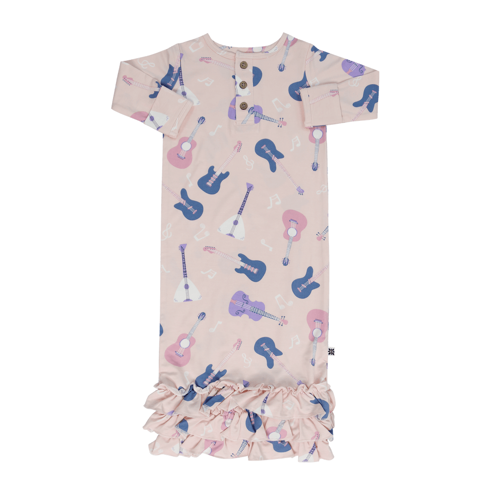 Girls ruffle gown long sleeve button front with guitar and music print and gathered ruffle hem