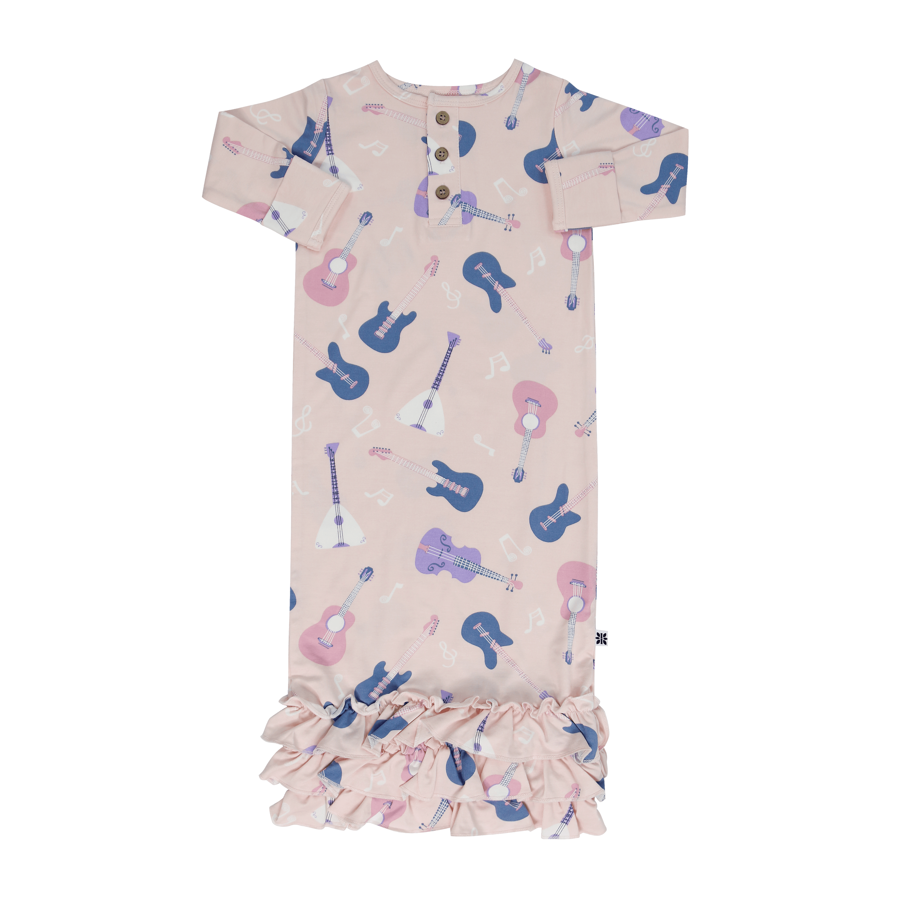 Girls ruffle gown long sleeve button front with guitar and music print and gathered ruffle hem