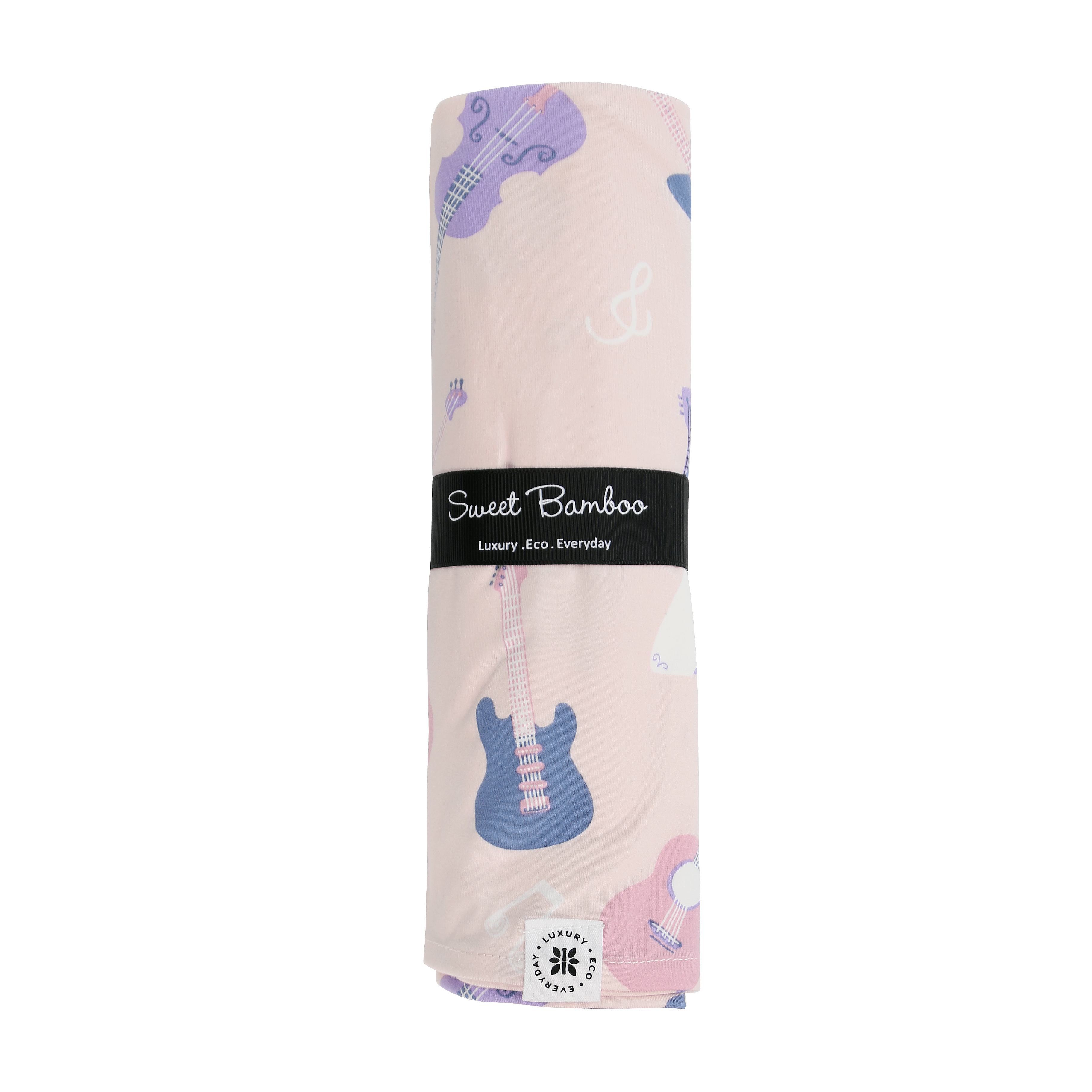 Light pink musical swaddle blanket with blue guitars and purple notes