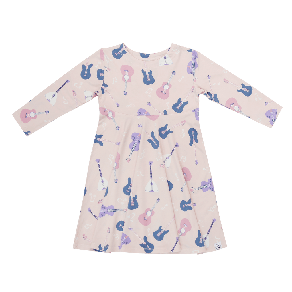 Girls long-sleeve swirly dress in pale pink with guitar and music icon pattern