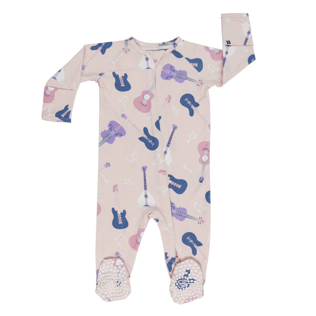 Girls' guitar-print zipper footie with front zip, long sleeves, mittens and booties