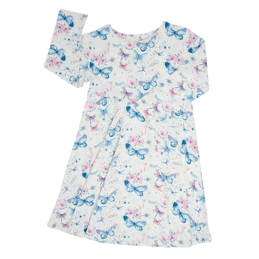 Girls watercolor butterfly dress, short flutter sleeves, gathered skirt, light cream