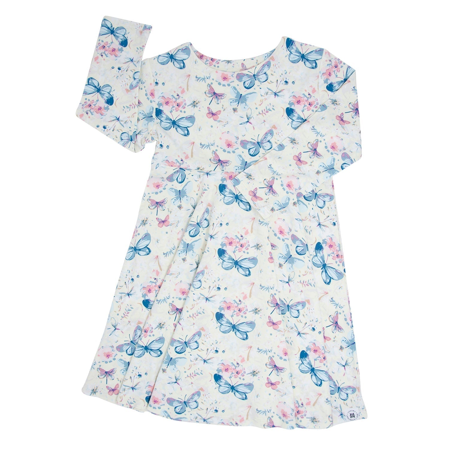 Girls watercolor butterfly dress, short flutter sleeves, gathered skirt, light cream
