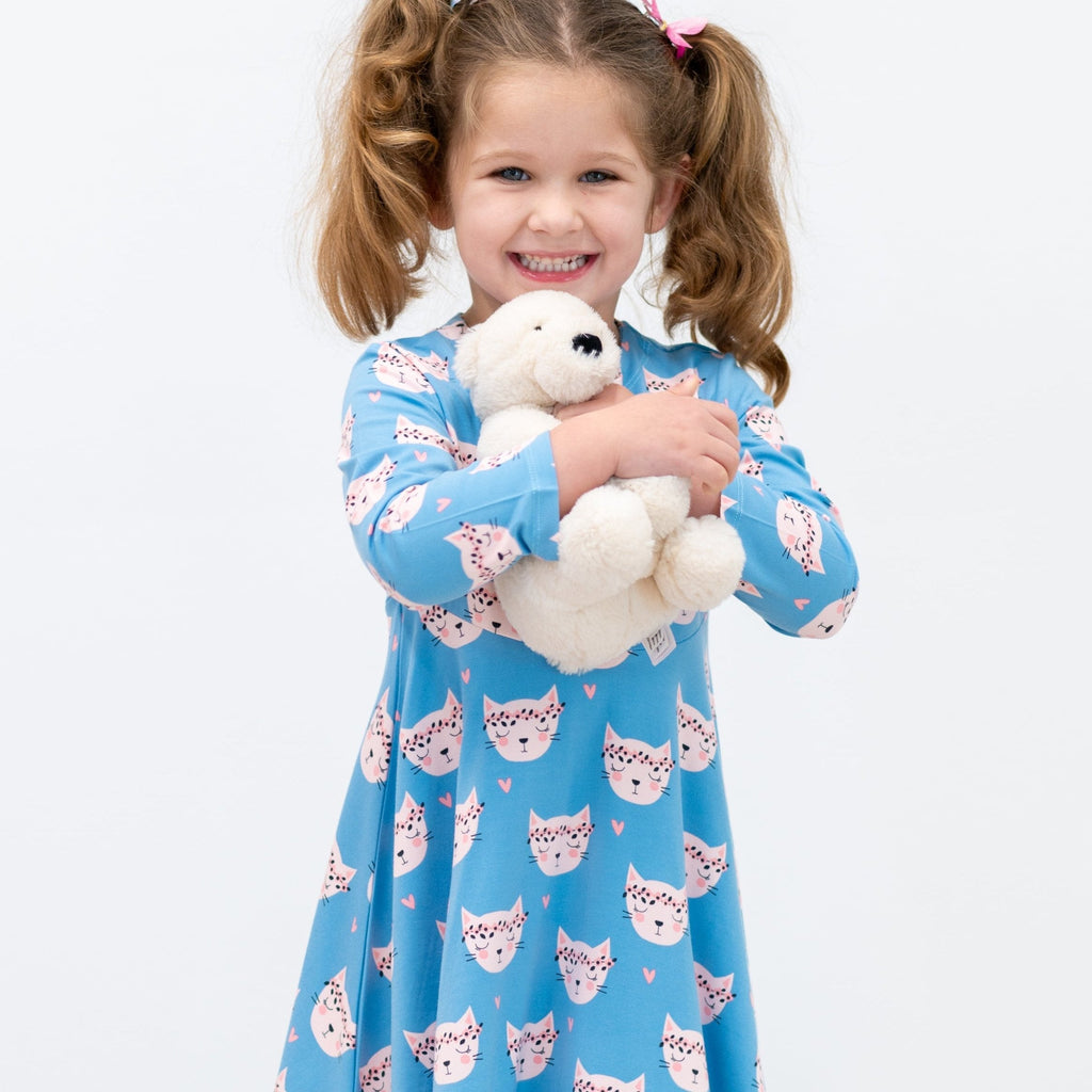 Girls' long-sleeve cat print dress, light blue with pink cat faces