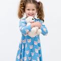 Girls' long-sleeve cat print dress, light blue with pink cat faces