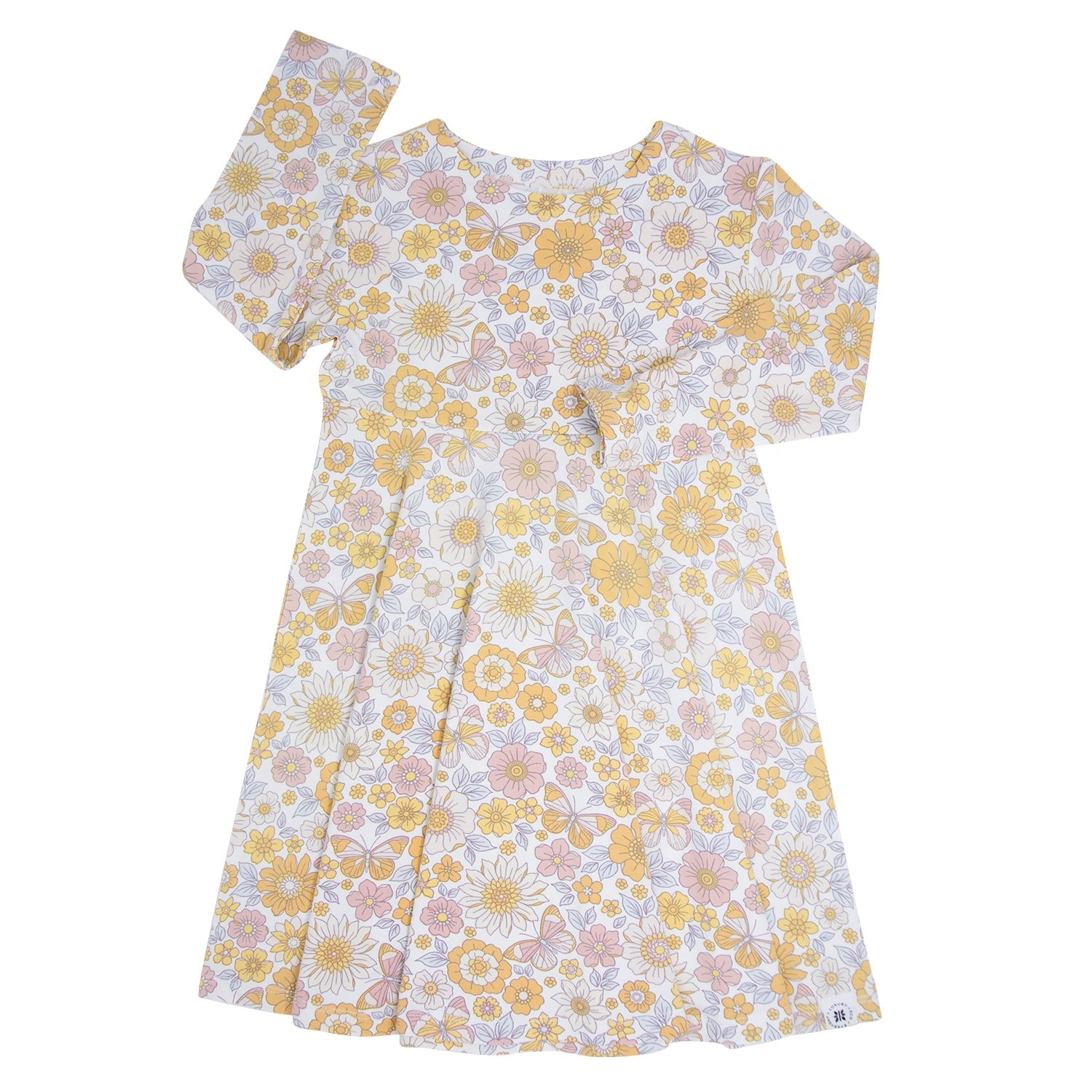 Girls short-sleeve floral dress, light blue with yellow and pink flower pattern