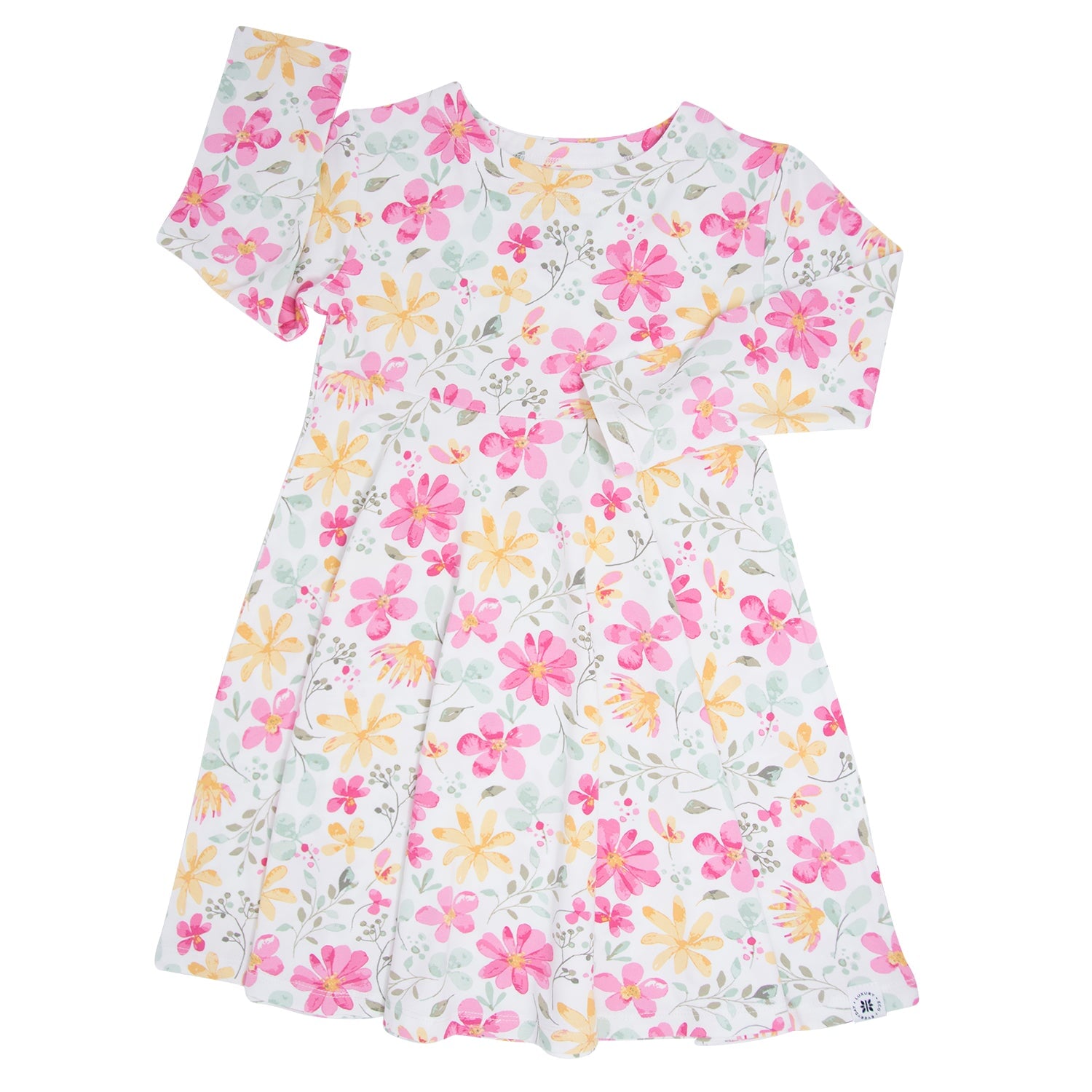 Girls floral long-sleeve dress, flared skirt with pink and orange flowers on white