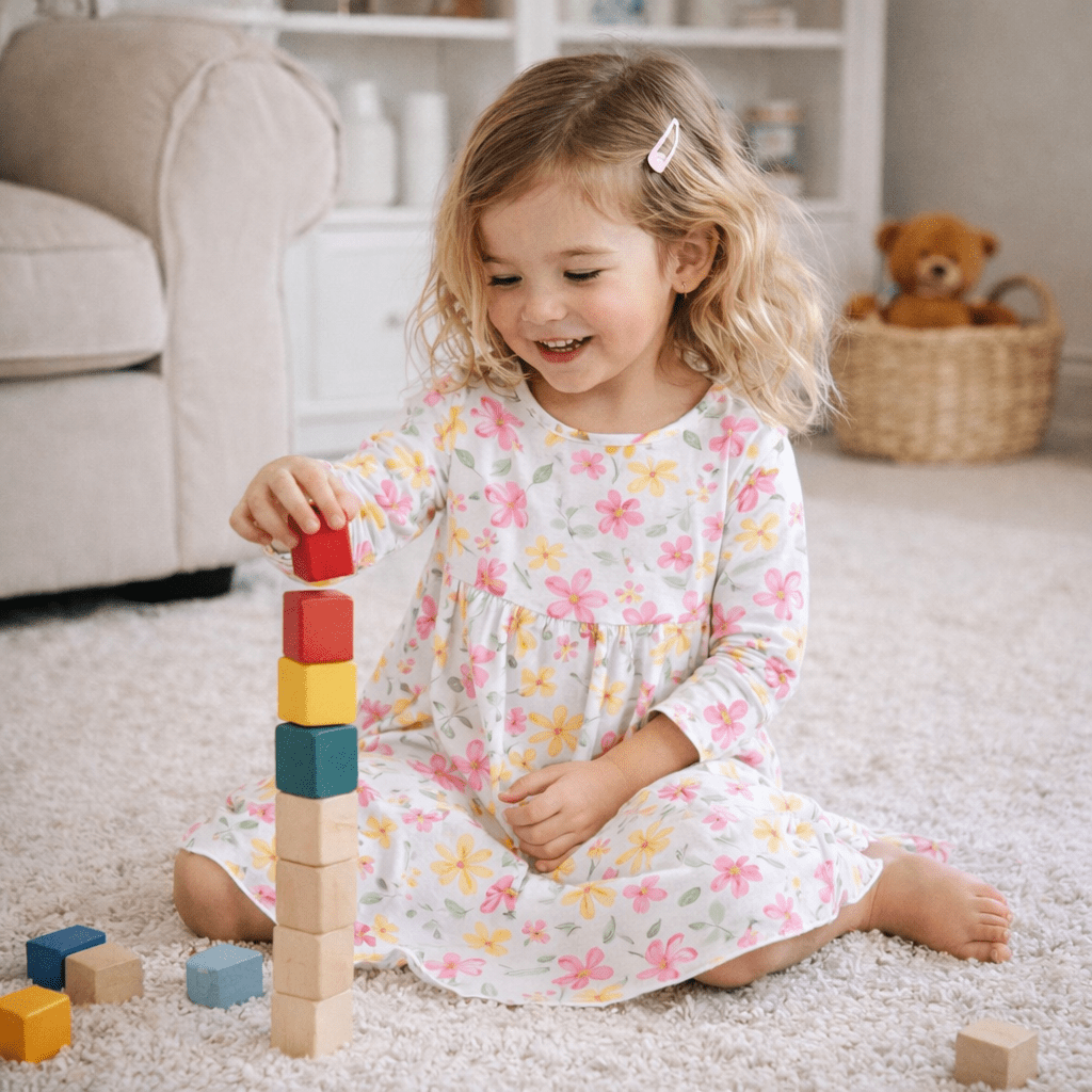 Girls floral long-sleeve dress with pink, orange and yellow flowers on white base