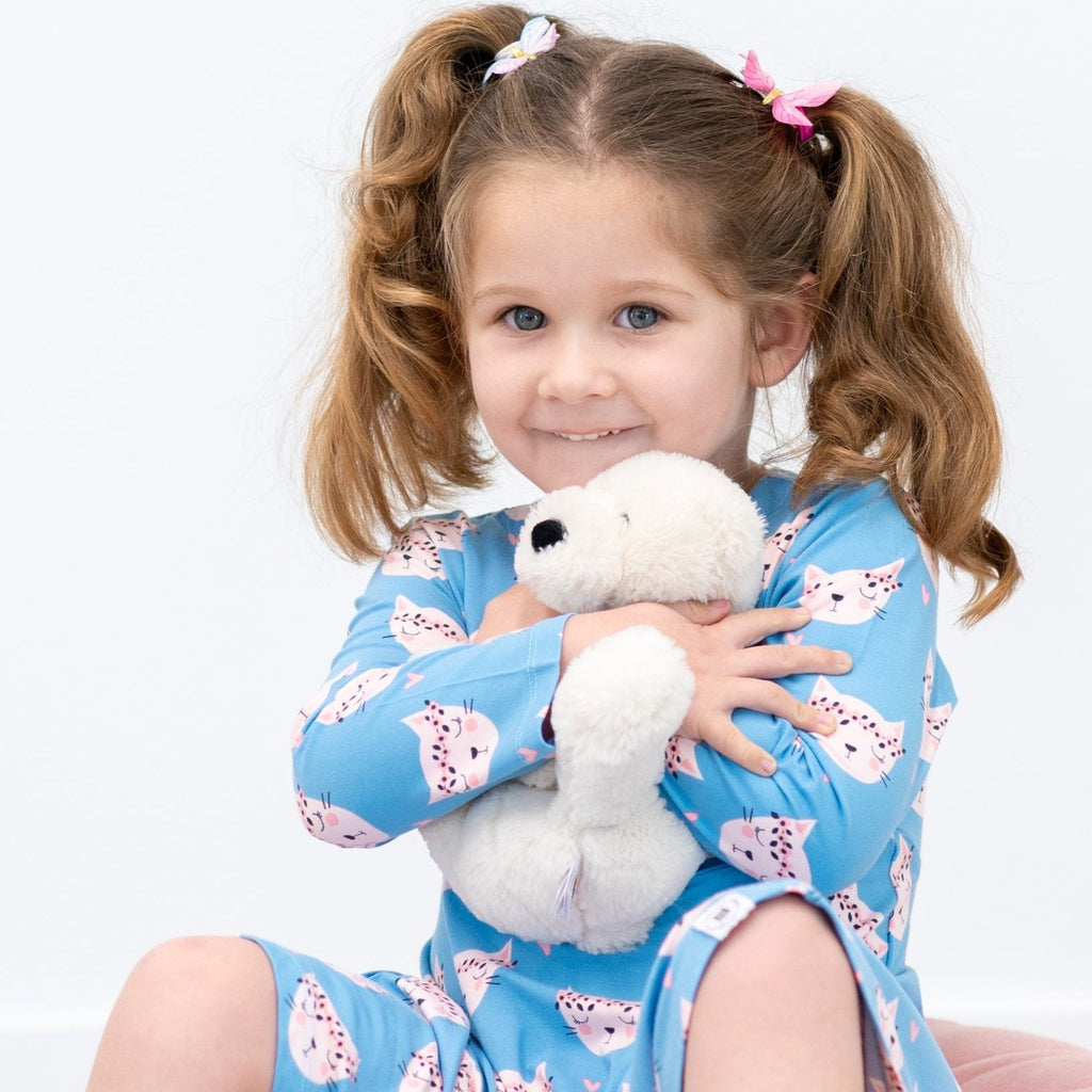 Girls' long-sleeve cat print dress, light blue with pink cat faces, relaxed fit