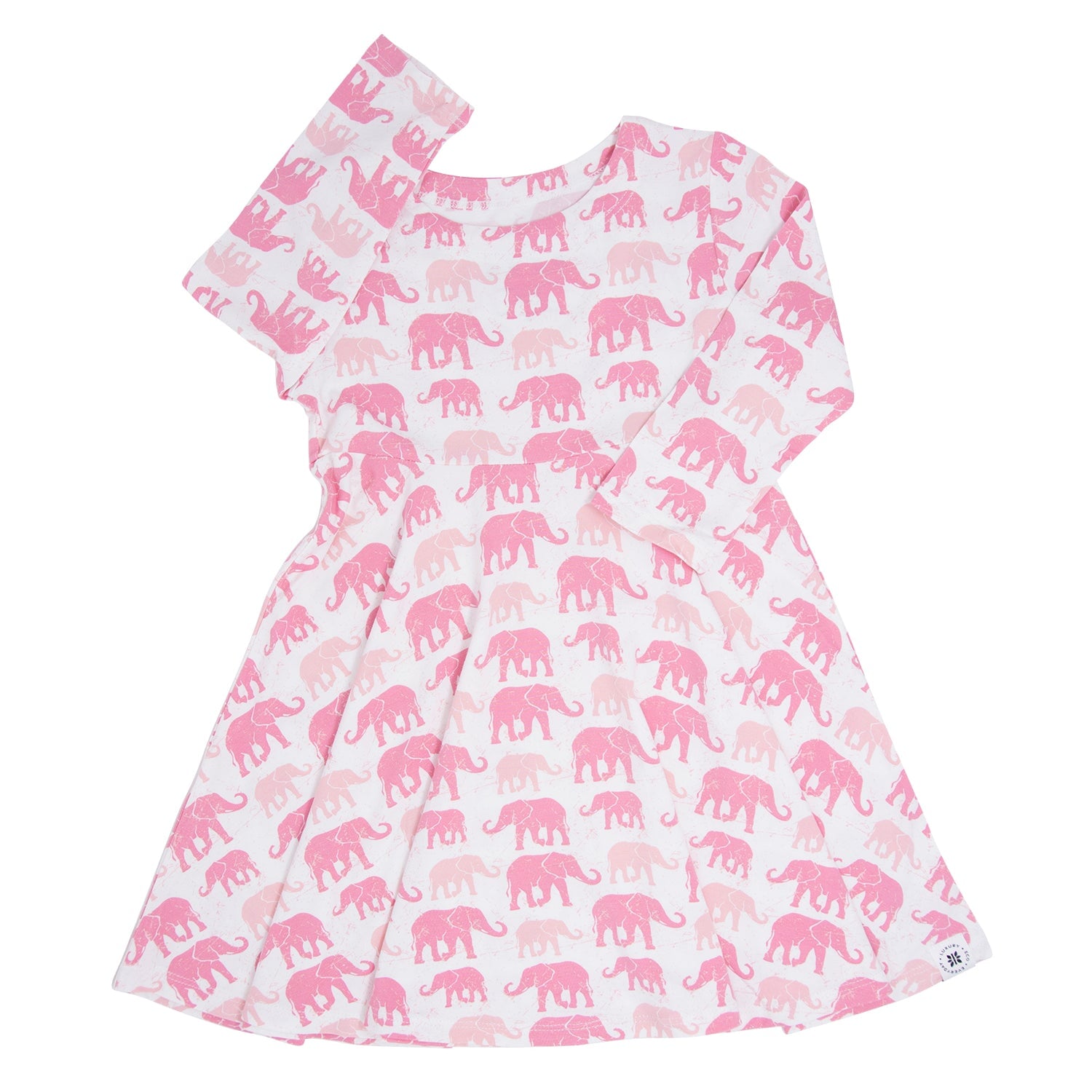 Pink elephant print dress with short sleeves and flared skirt