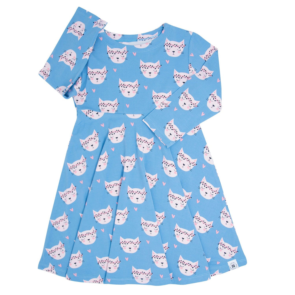 Girls' long-sleeve cat print dress, light blue with scattered cat faces