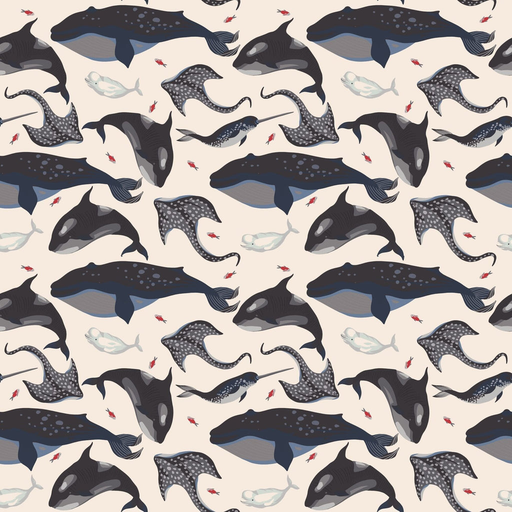 Whale print fabric swatch with dark blue, cream, and gray