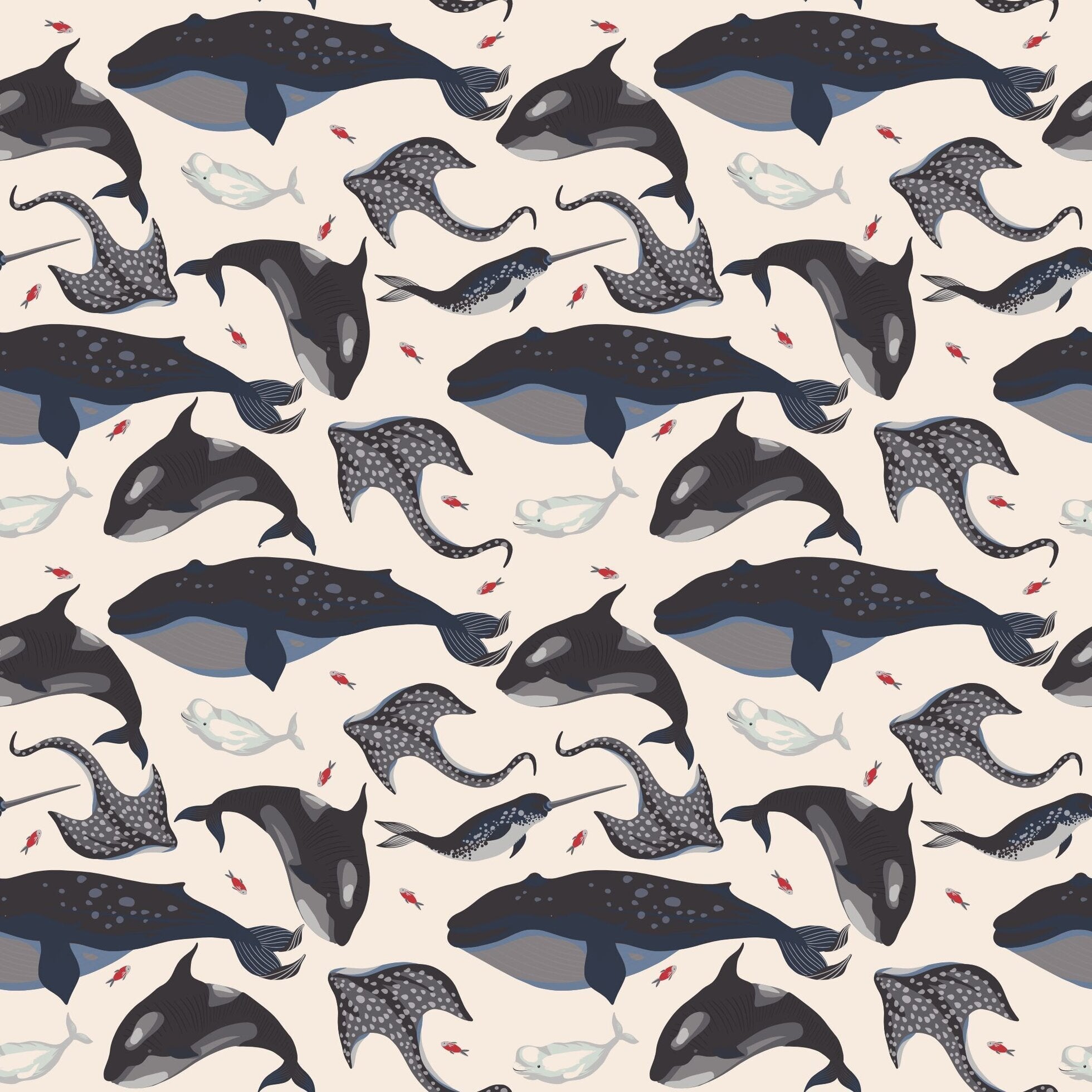 Whale print fabric swatch with dark blue, cream, and gray