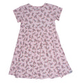 Girls pink cap-sleeve dress with cow and boot bow pattern, gathered skirt