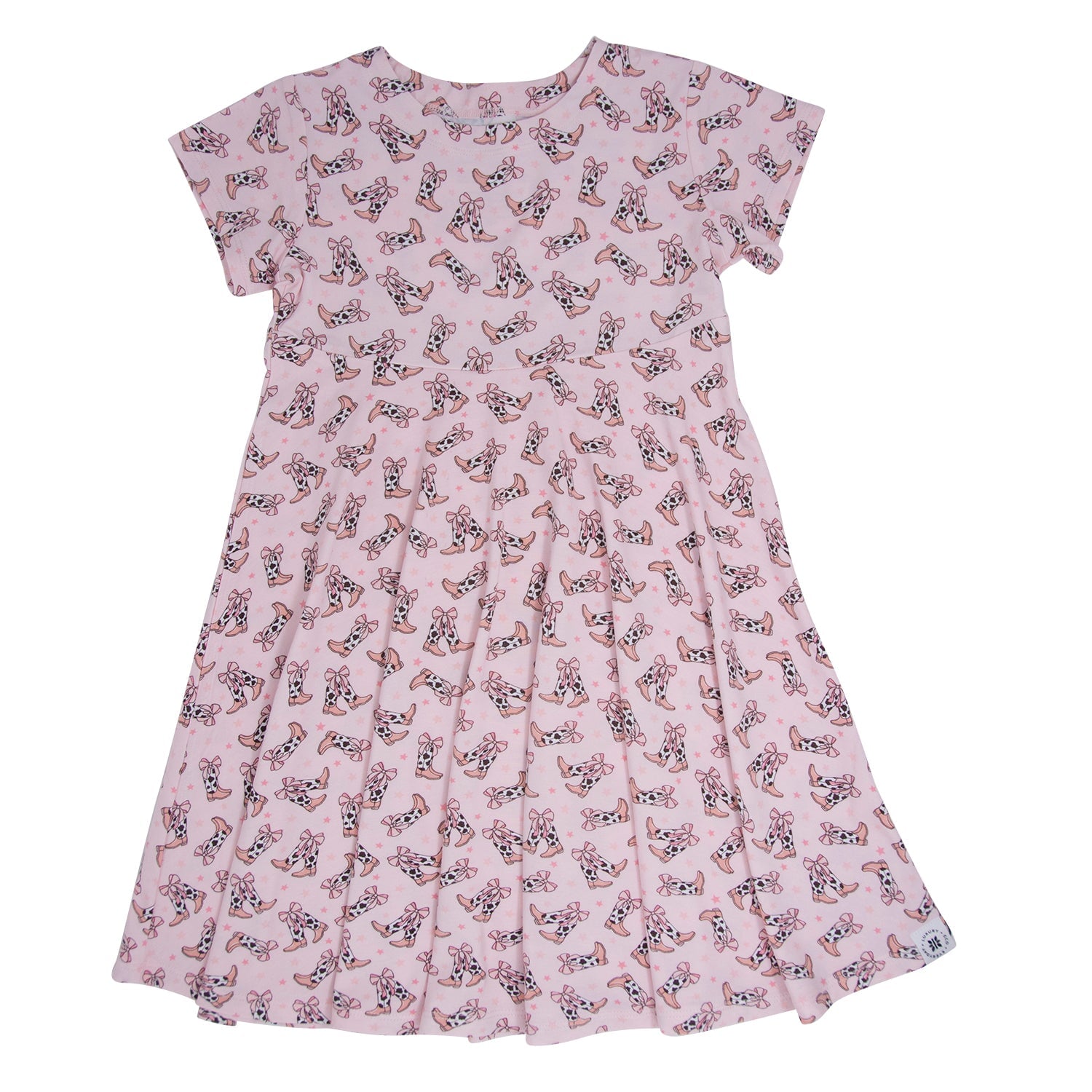 Girls pink cap-sleeve dress with cow and boot bow pattern, gathered skirt