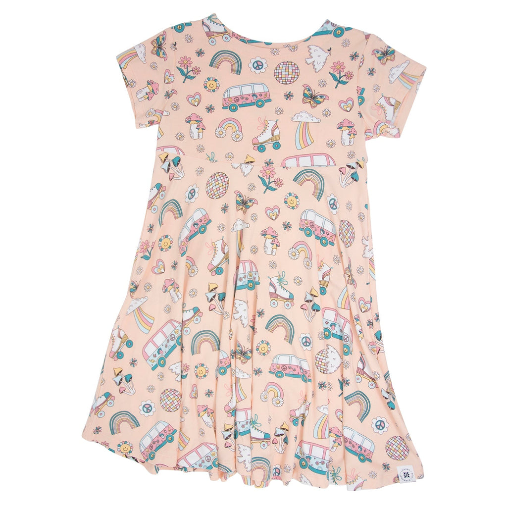 Girls cap-sleeve twirl dress in light pink with retro skates and rainbow print