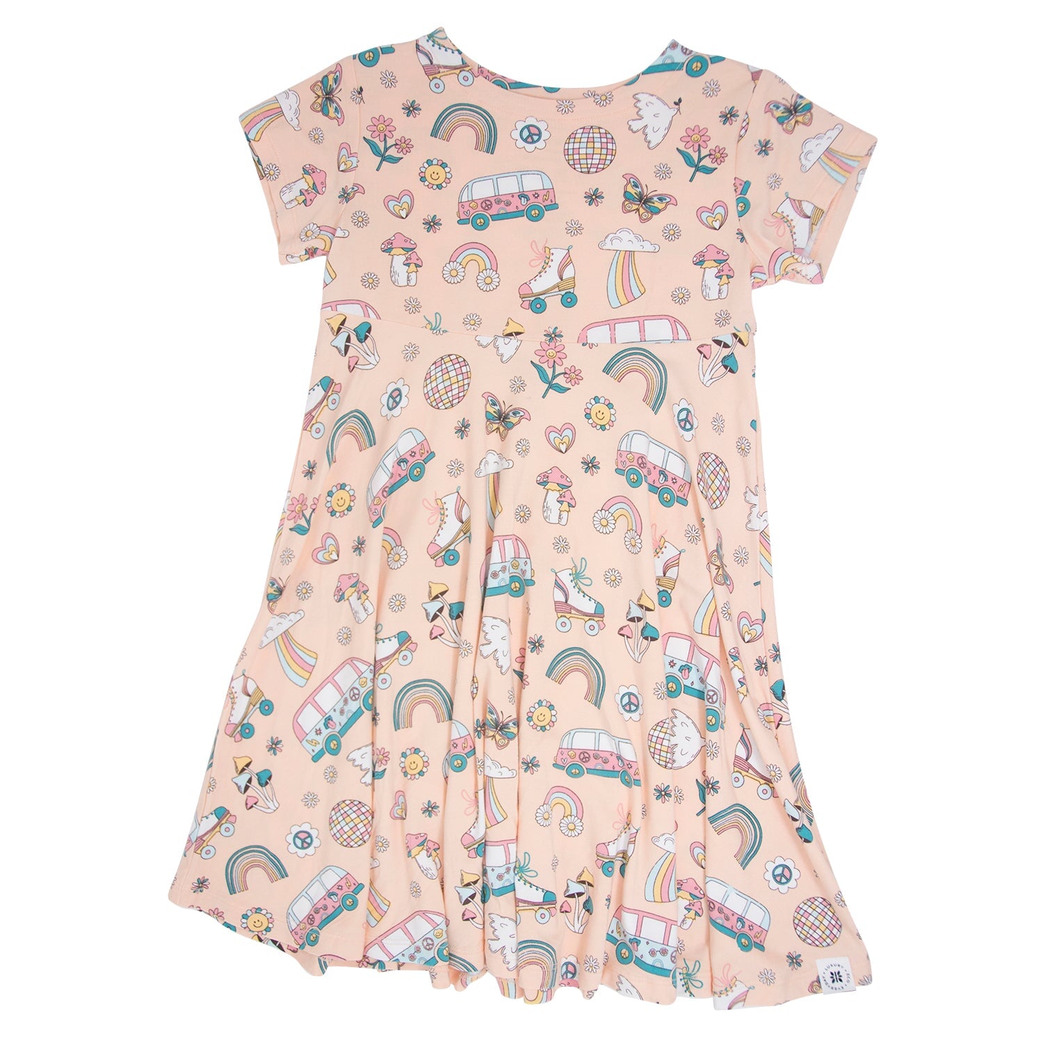 Girls cap-sleeve twirl dress in light pink with retro skates and rainbow print