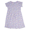 Girls' cap-sleeve skater dress in lavender with rainbow clouds print