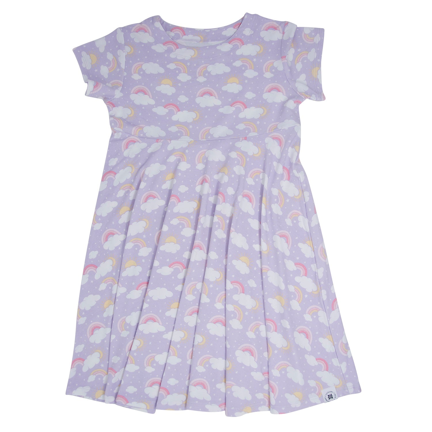 Girls' cap-sleeve skater dress in lavender with rainbow clouds print