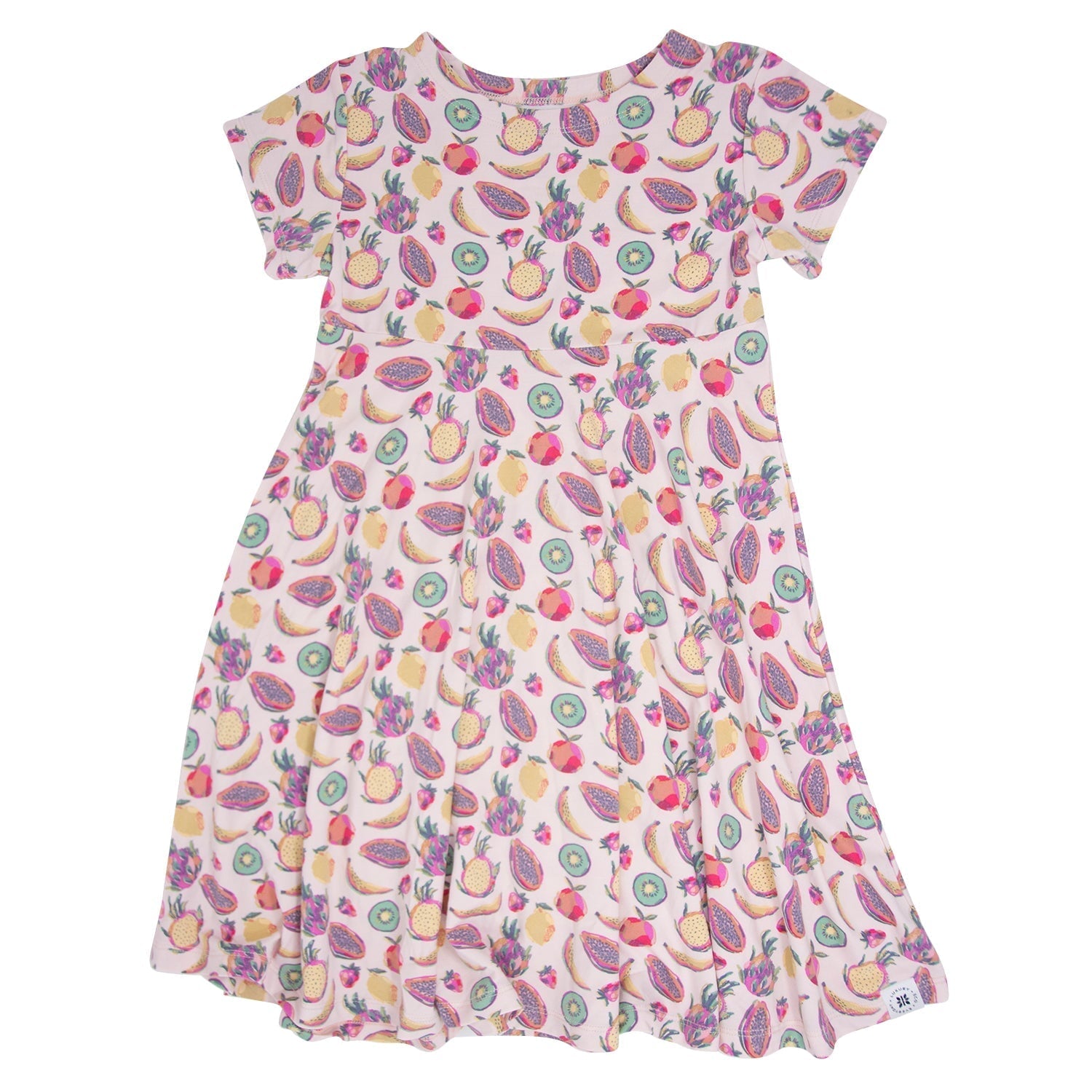 Girls cap-sleeve dress with tropical fruit swirl print, gathered waist and flared skirt