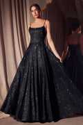 Black glitter A-line gown with spaghetti straps and full flared skirt