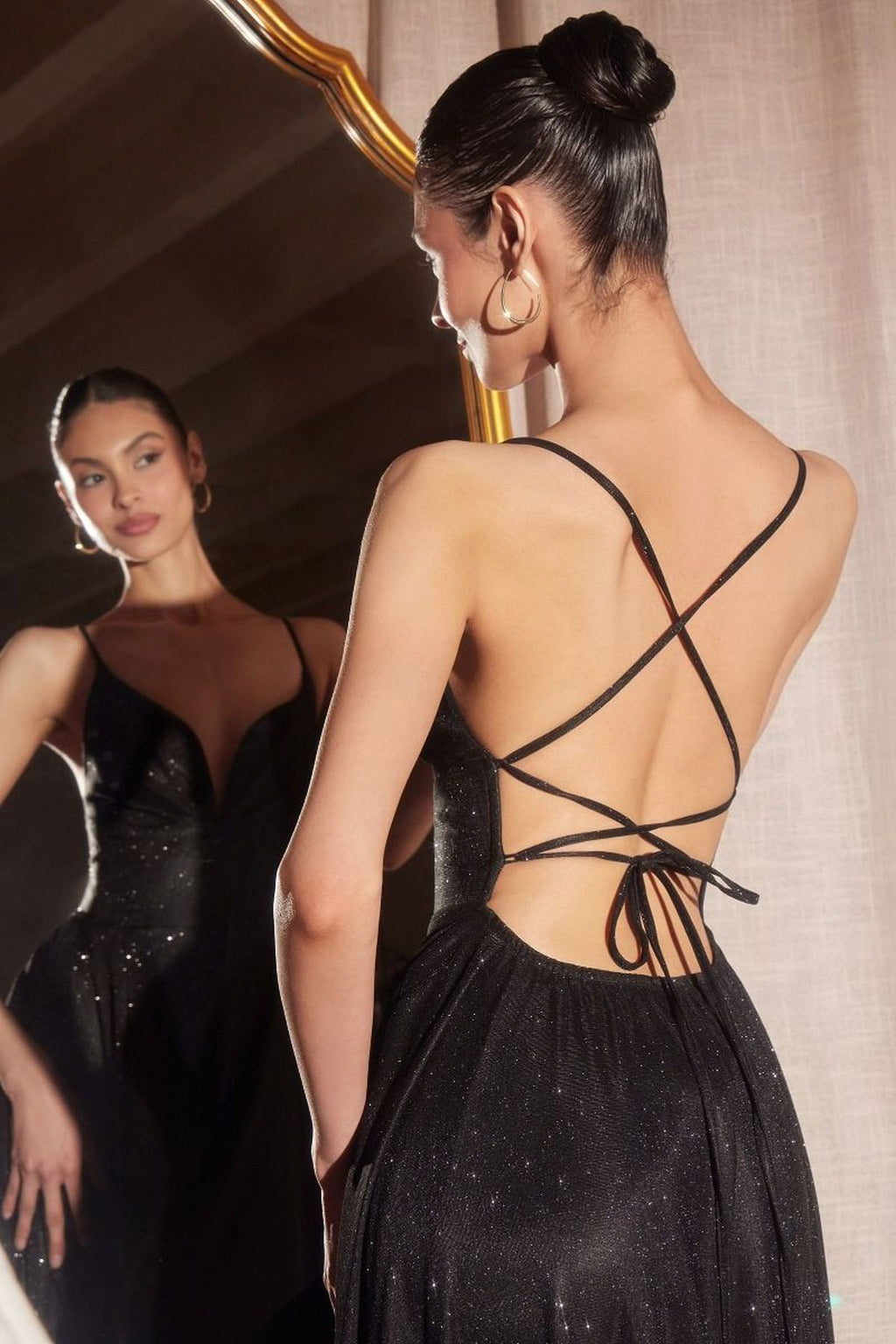 Black glitter A-line gown open back with crisscross straps and lace-up tie at waist