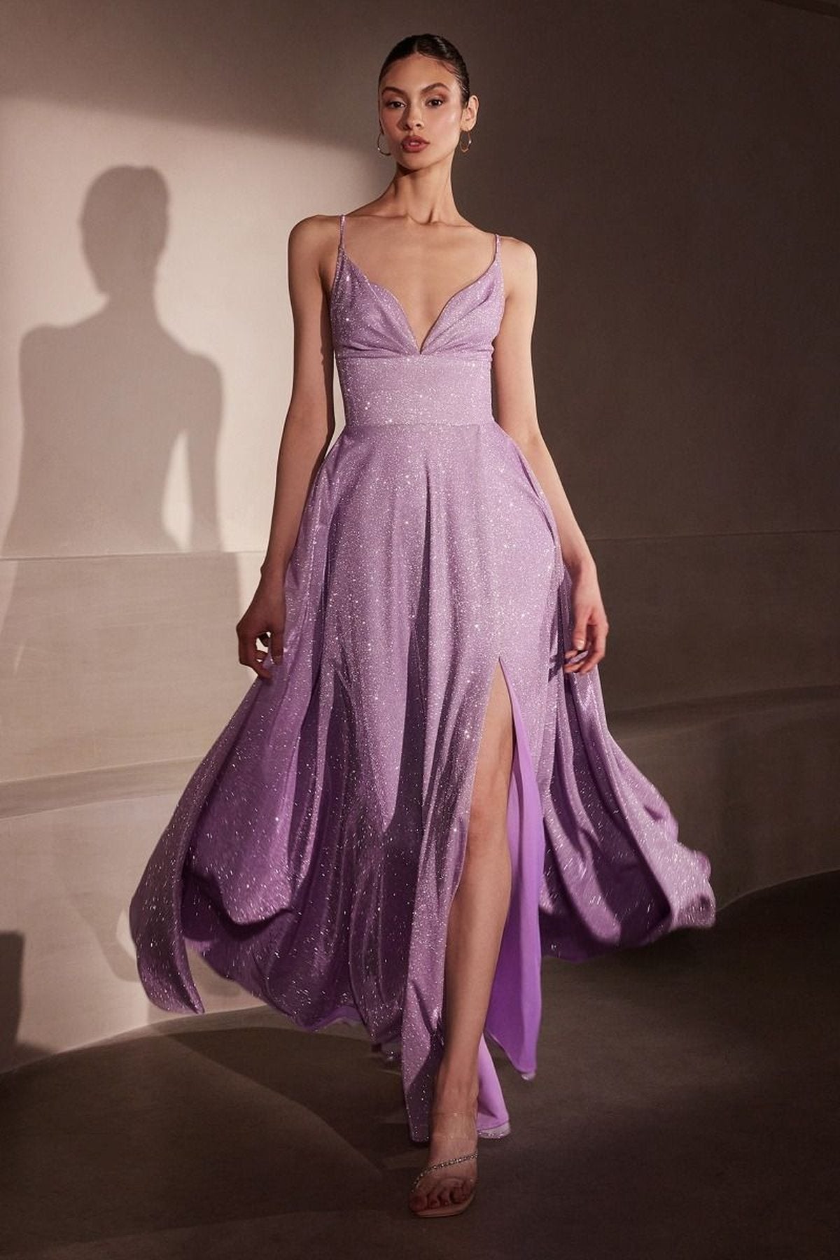 Lavender glitter A-line gown with spaghetti straps and V-neck, front slit skirt