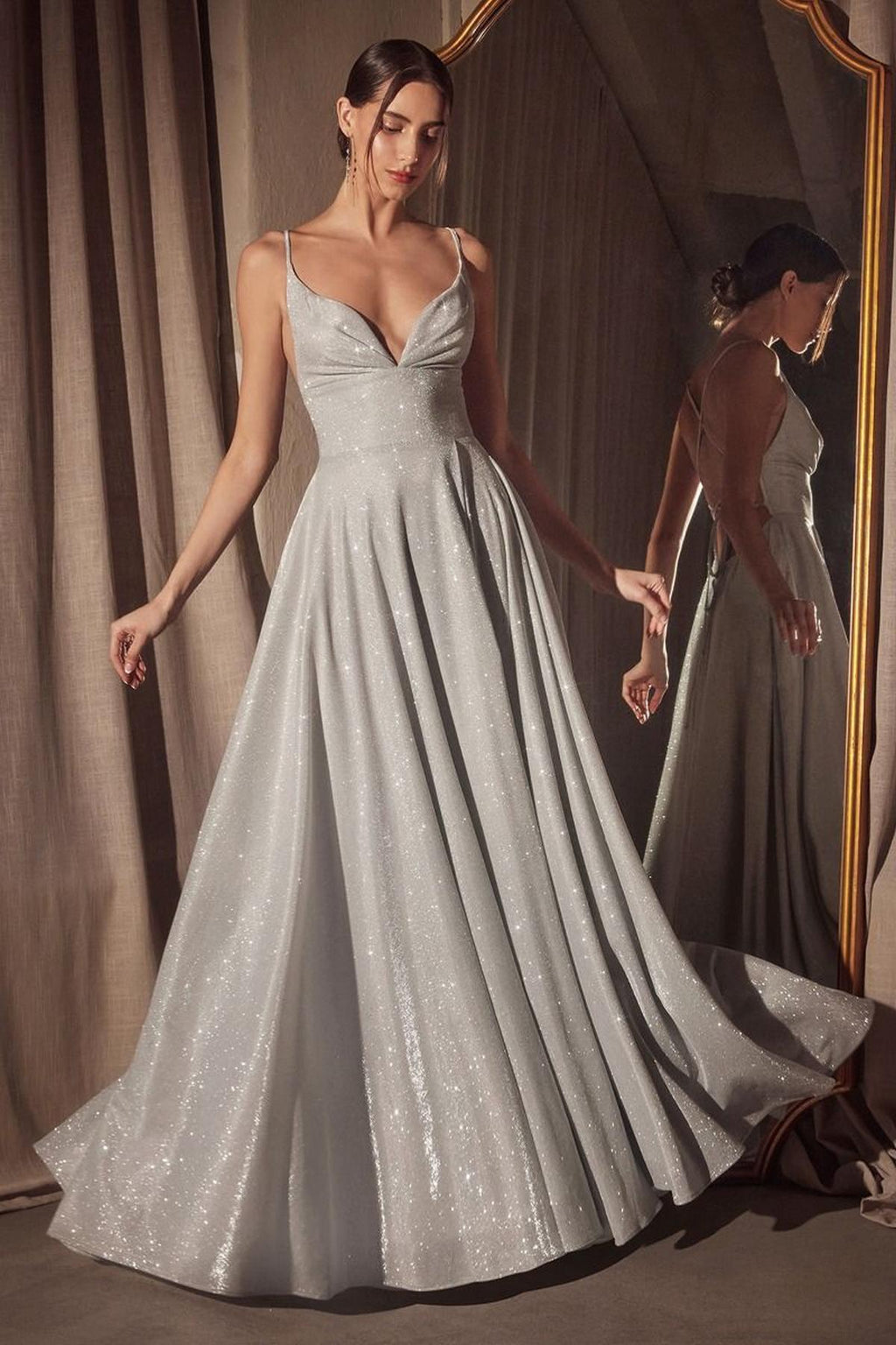 Silver glitter A-line gown with V-neck bodice and spaghetti straps