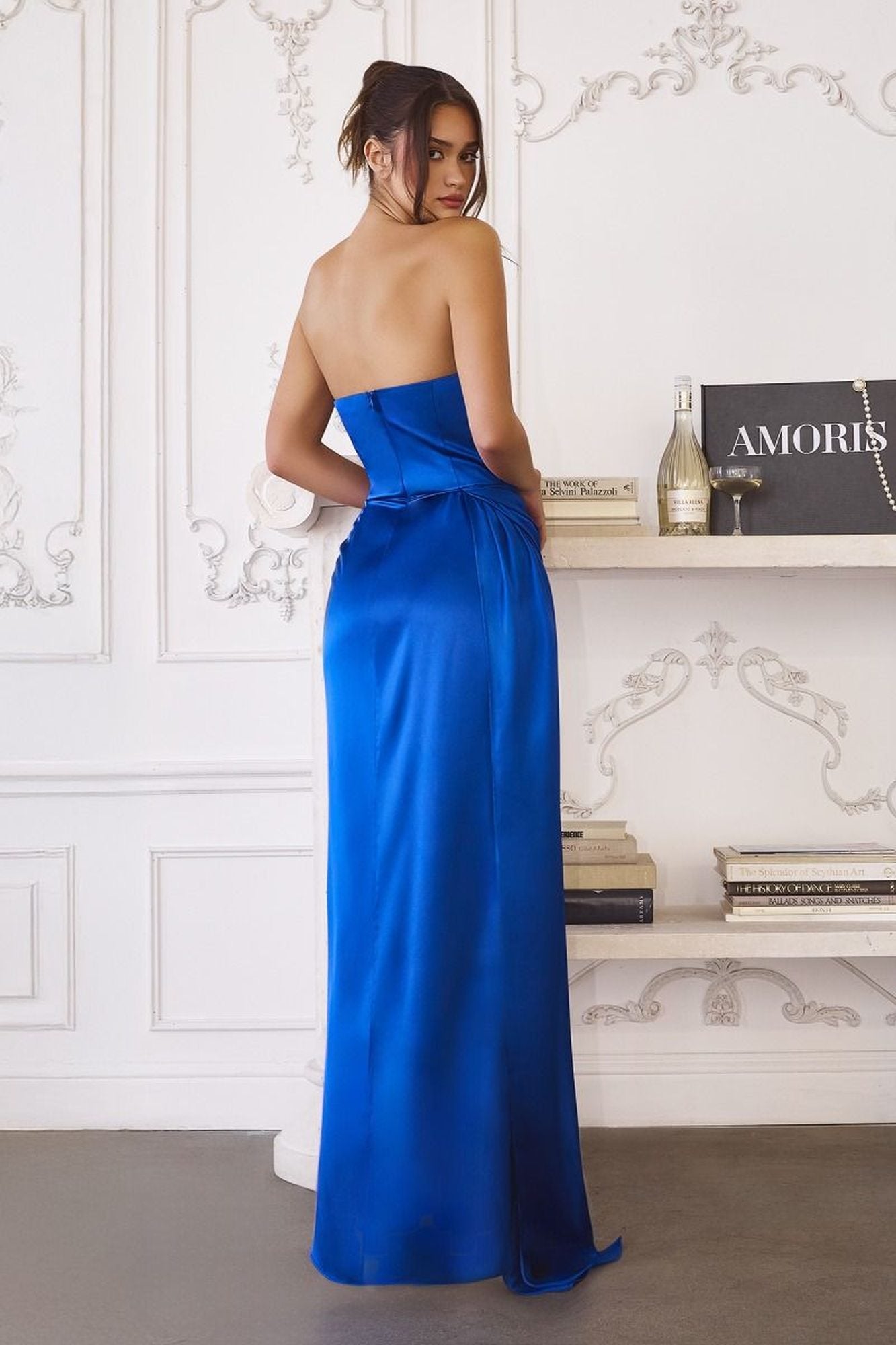 Blue satin strapless fitted wedding dress with waist sash and thigh-high slit