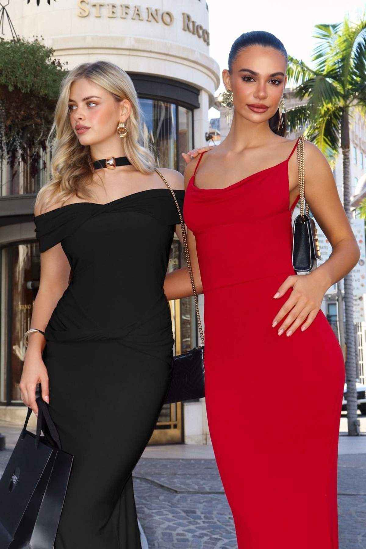 Off-the-shoulder halter strap fitted stretch dress, black and dark red