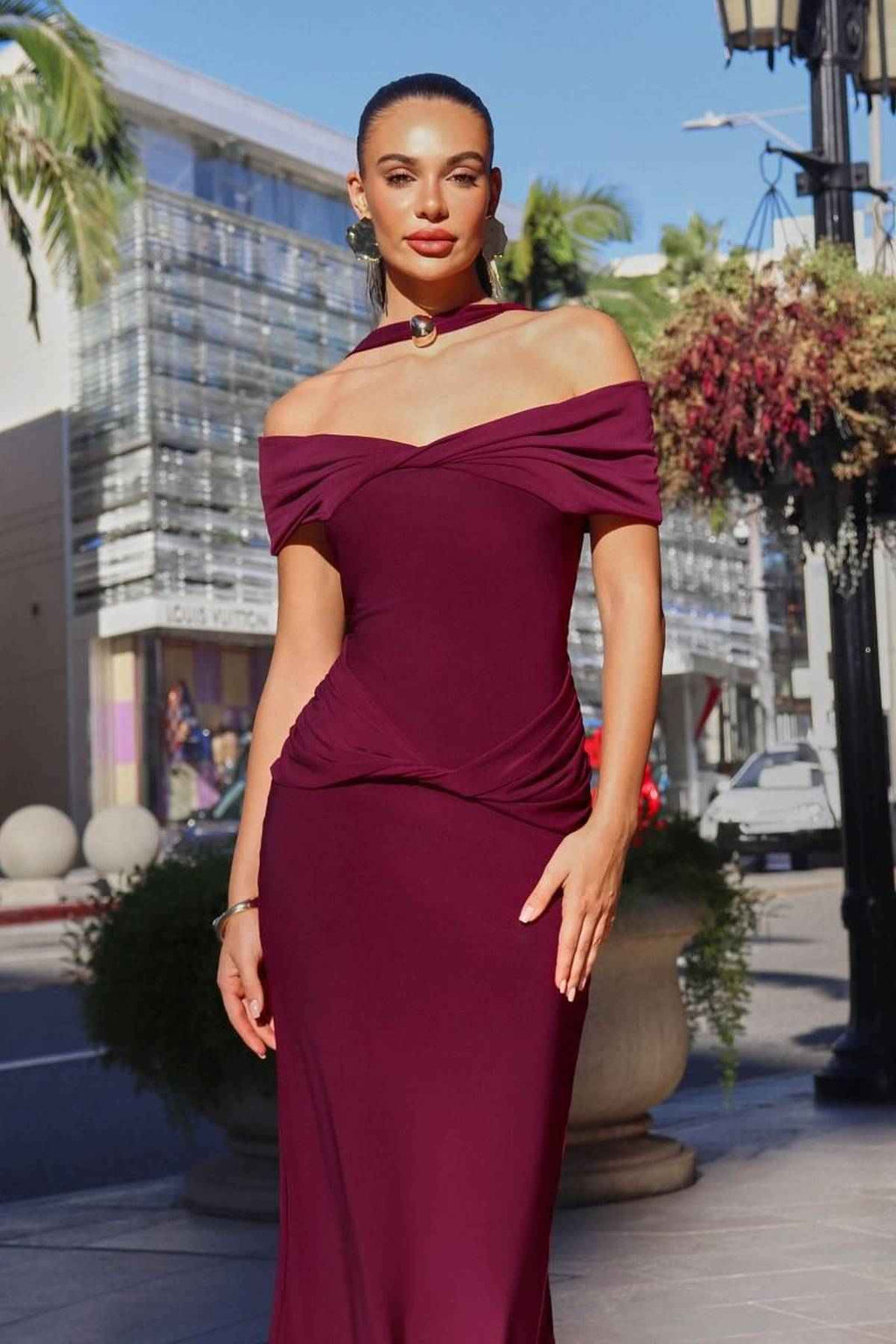 Wine off-shoulder halter fitted stretch dress, fitted midi with draped neckline