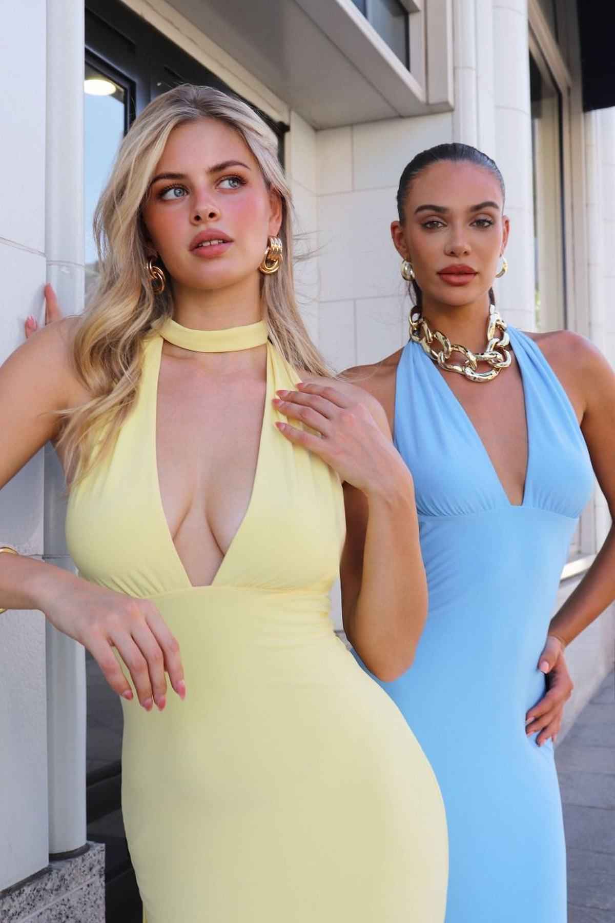 Sleek halter neck fitted stretch gown in light yellow and blue, sleeveless maxi with V neckline
