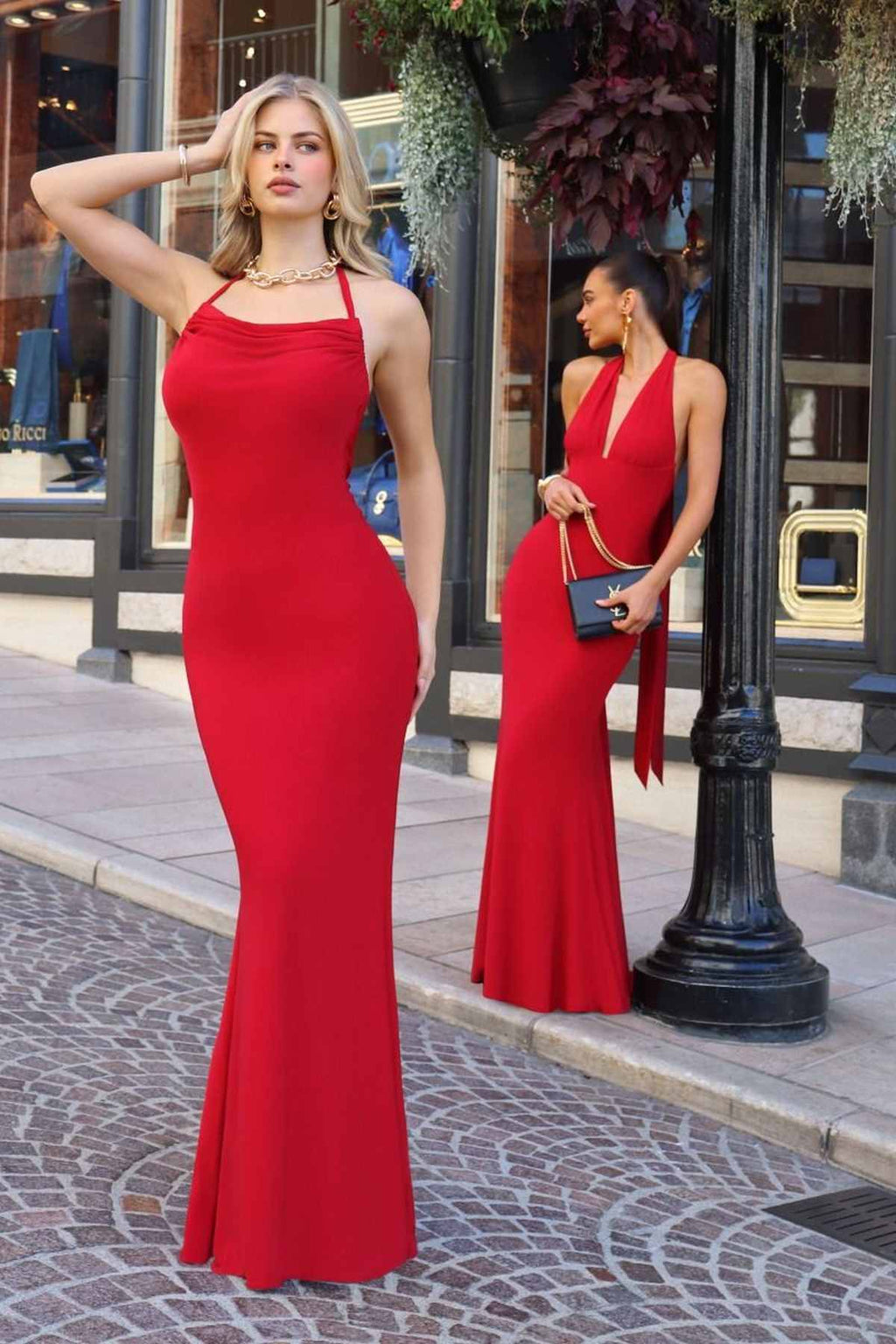 Red fitted formal maxi dress with halter neckline and mermaid hem