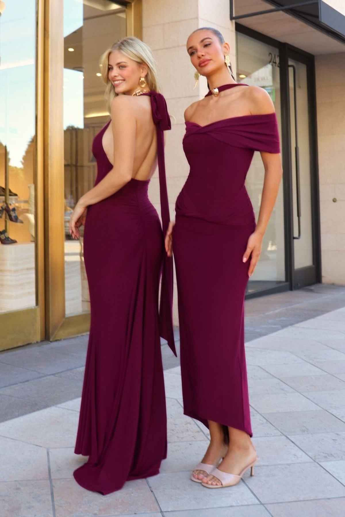 Wine off-shoulder halter fitted stretch dress, sleeveless fitted midi length
