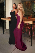 Fitted formal maxi dresses in black and wine, sleeveless with spaghetti straps