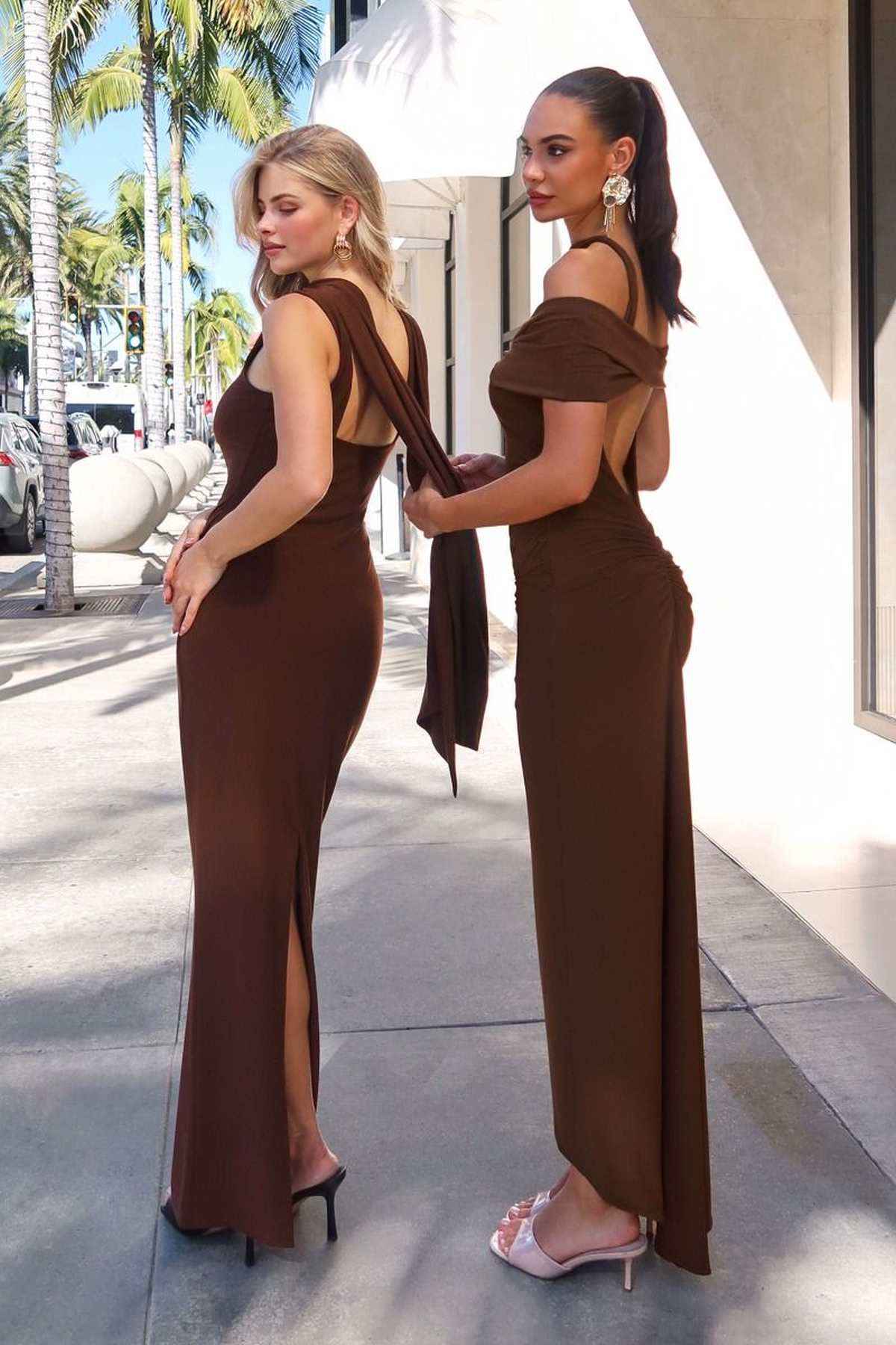 Dark brown fitted off-shoulder halter dress, side slit with long tied drape
