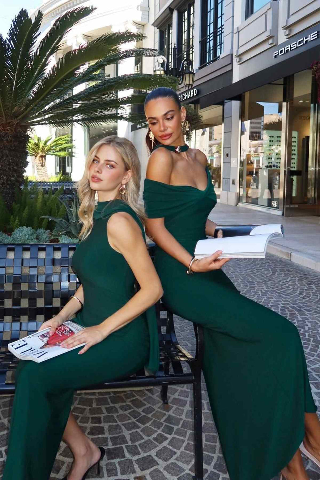 Fitted stretch halter dress with off-shoulder neckline, dark green, sleeveless.