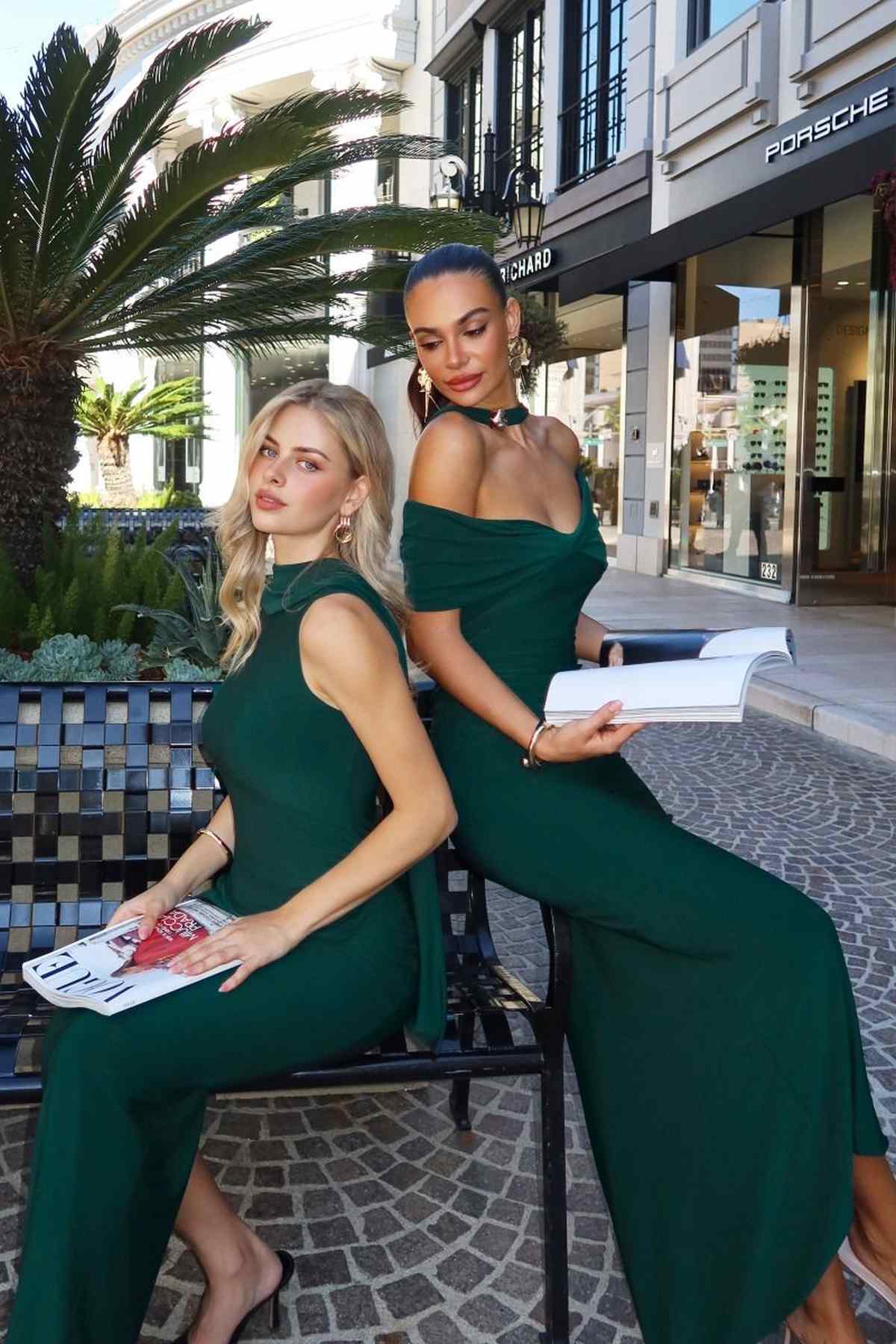 Fitted stretch halter dress with off-shoulder neckline, dark green, sleeveless.