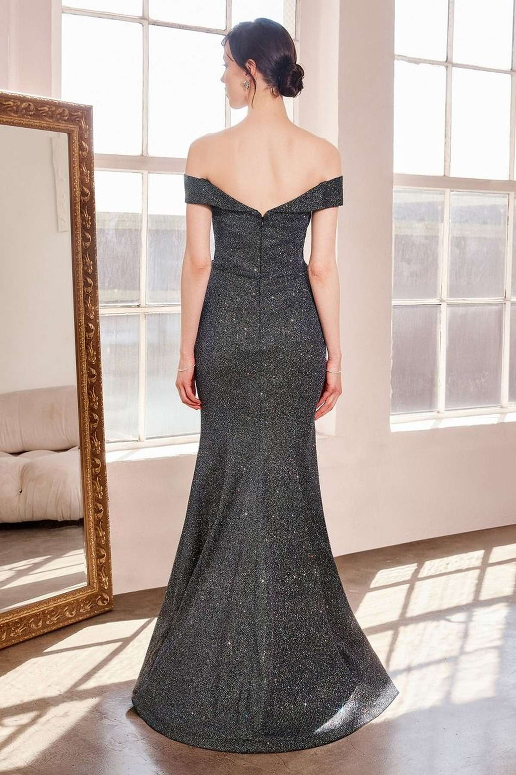 Charcoal off-shoulder sweetheart fitted prom gown, fitted waist and mermaid skirt