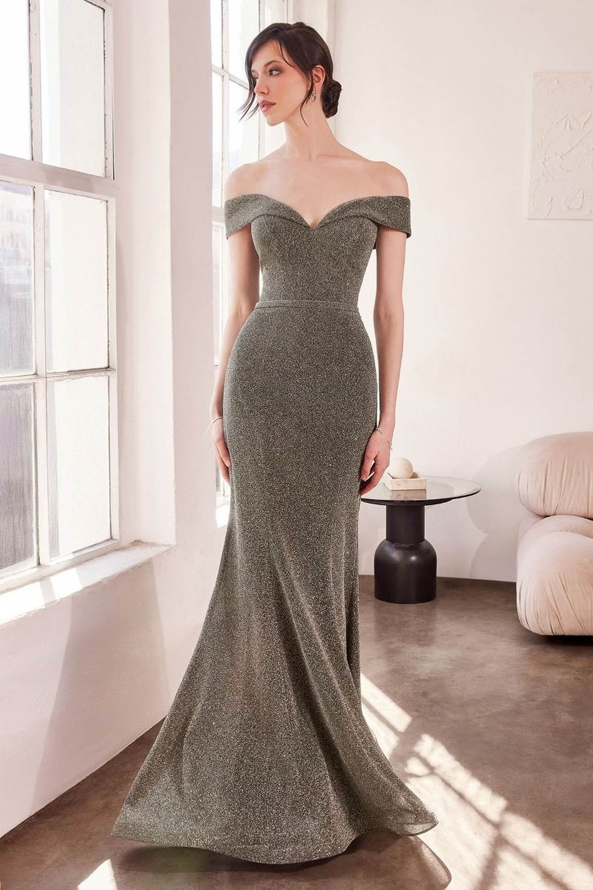 Silver off-shoulder sweetheart fitted prom gown, fitted bodice and flowing mermaid skirt