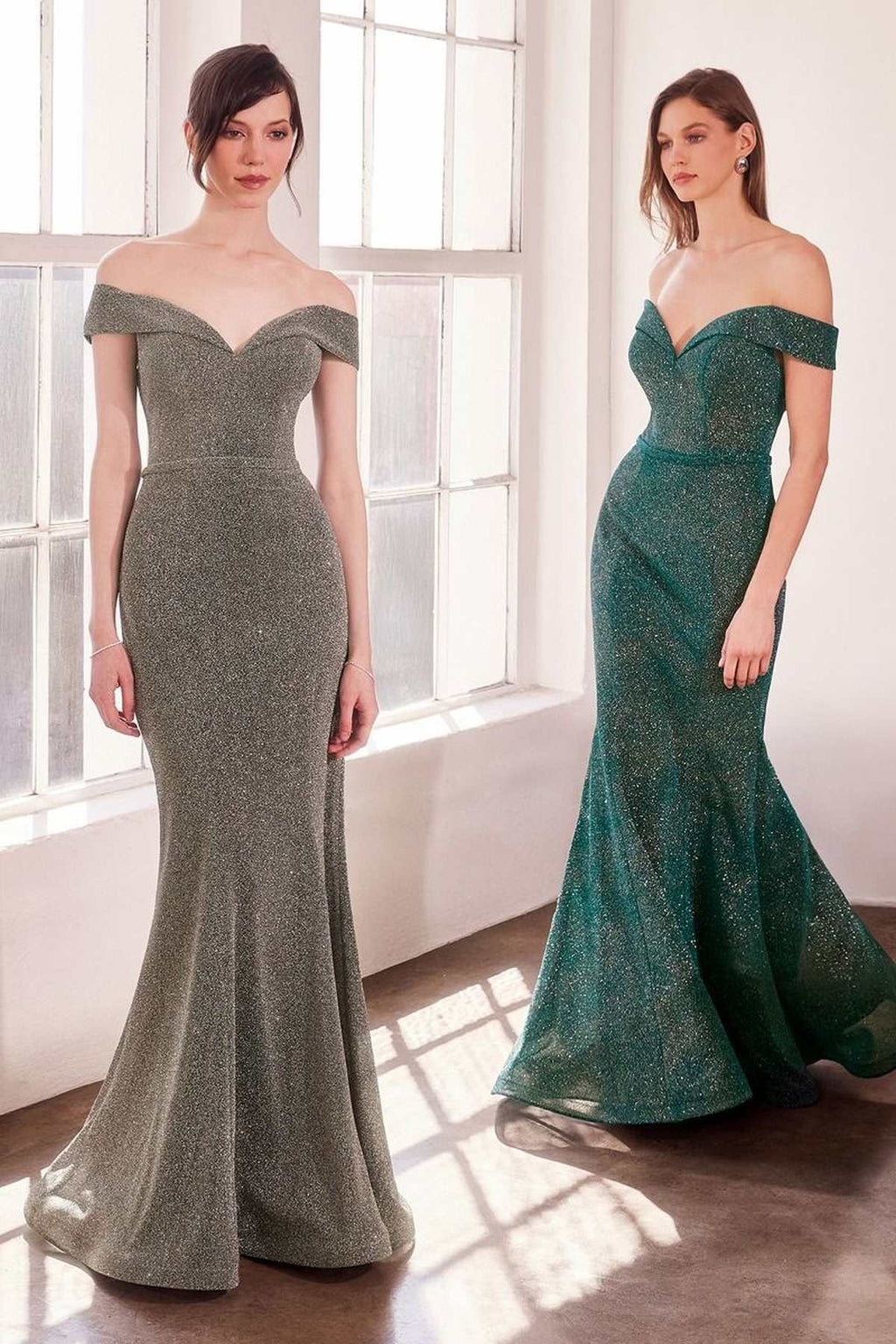 Teal off-shoulder sweetheart fitted prom gown with glitter texture, mermaid hem