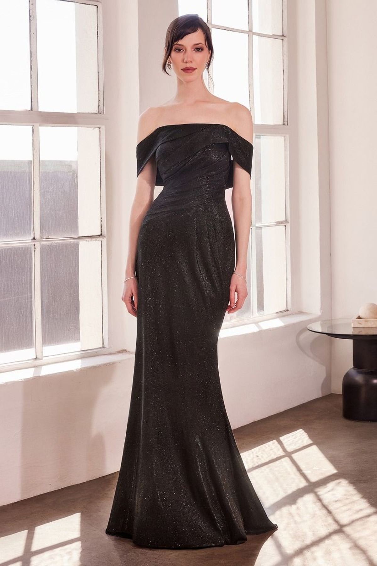 Off-shoulder fitted mermaid prom gown, black shimmery fabric