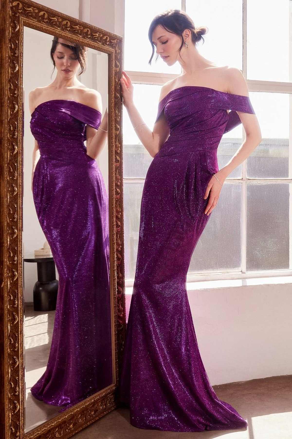 Off-shoulder fitted mermaid prom gown, purple shimmery fabric, side pose