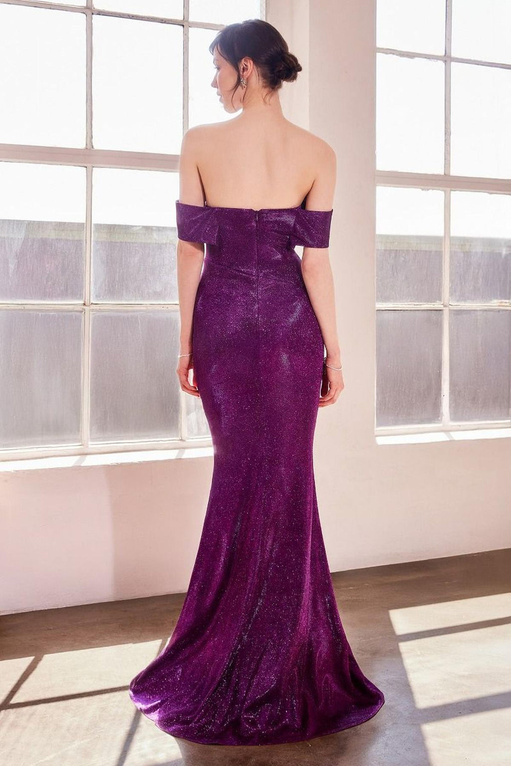 Off-shoulder fitted mermaid prom gown, purple shimmery back view