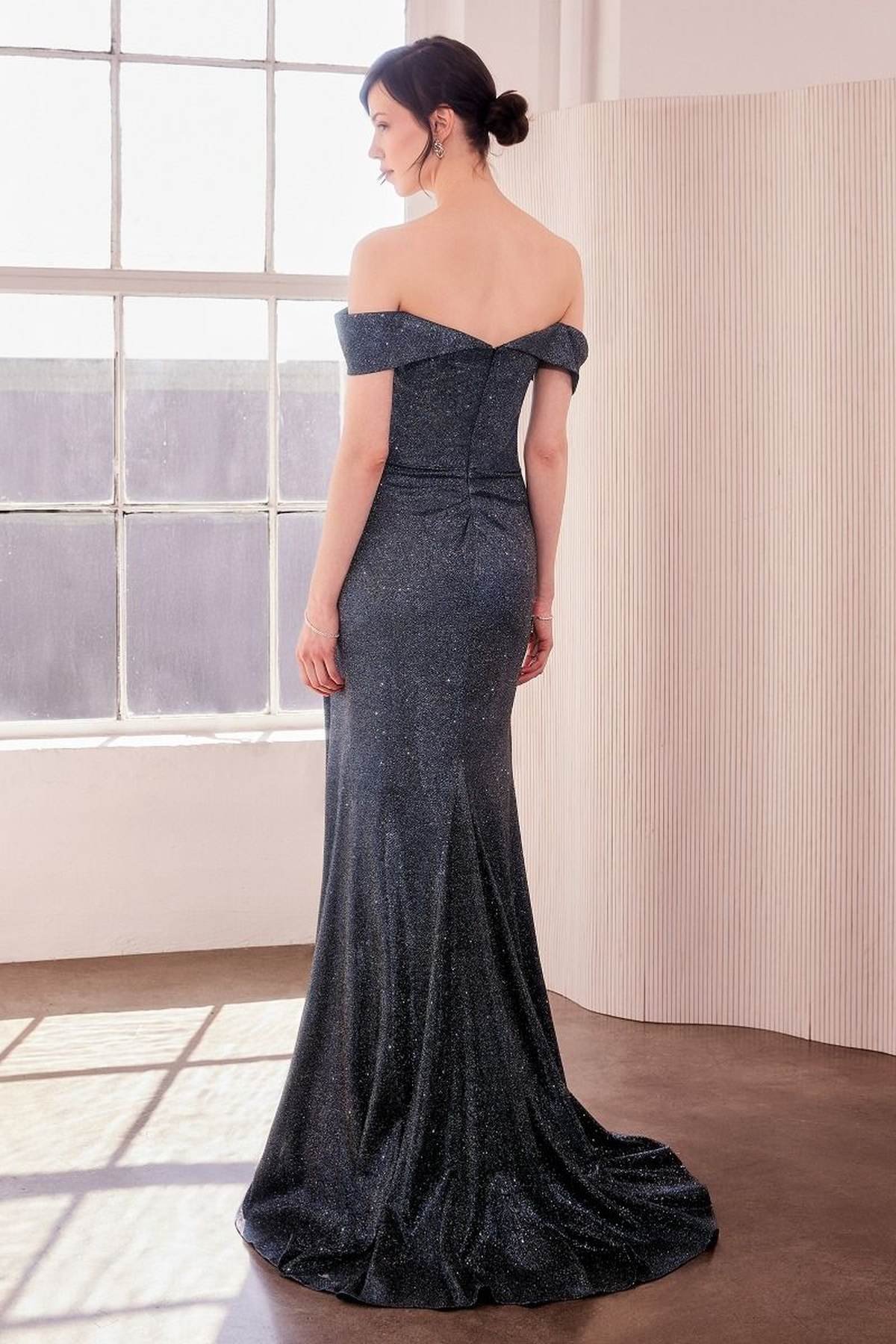 Dark metallic off-shoulder sweetheart prom gown with fitted waist and long front slit