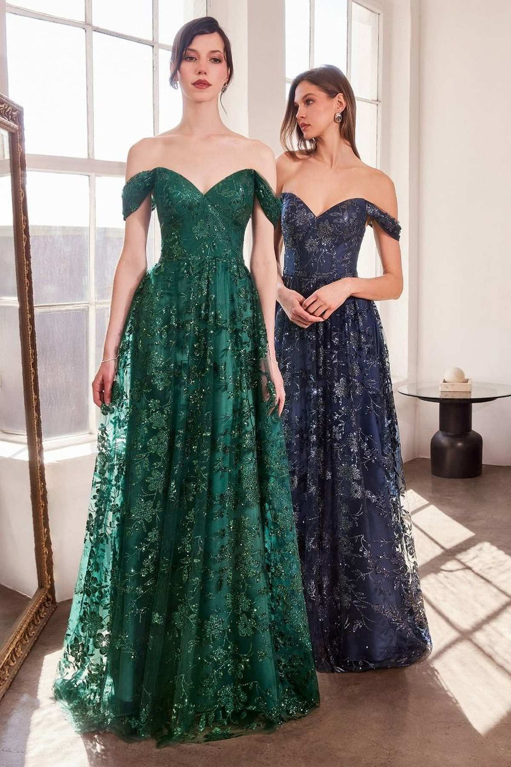 Green and navy glitter off-shoulder A-line prom gowns with sweetheart necklines